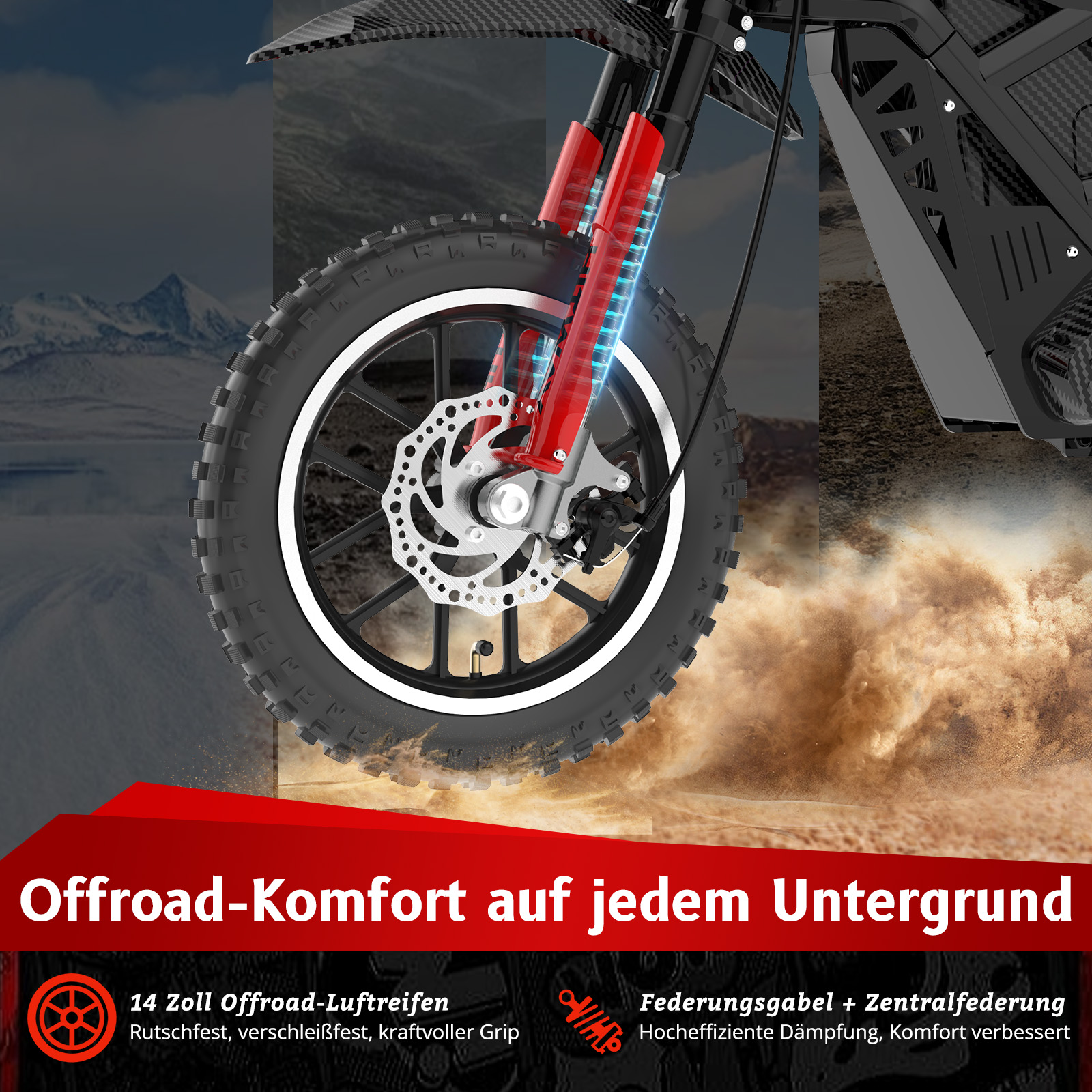 Vorderreifen mit Scheibenbremse und roten Stoßdämpfern auf sandigem Untergrund.