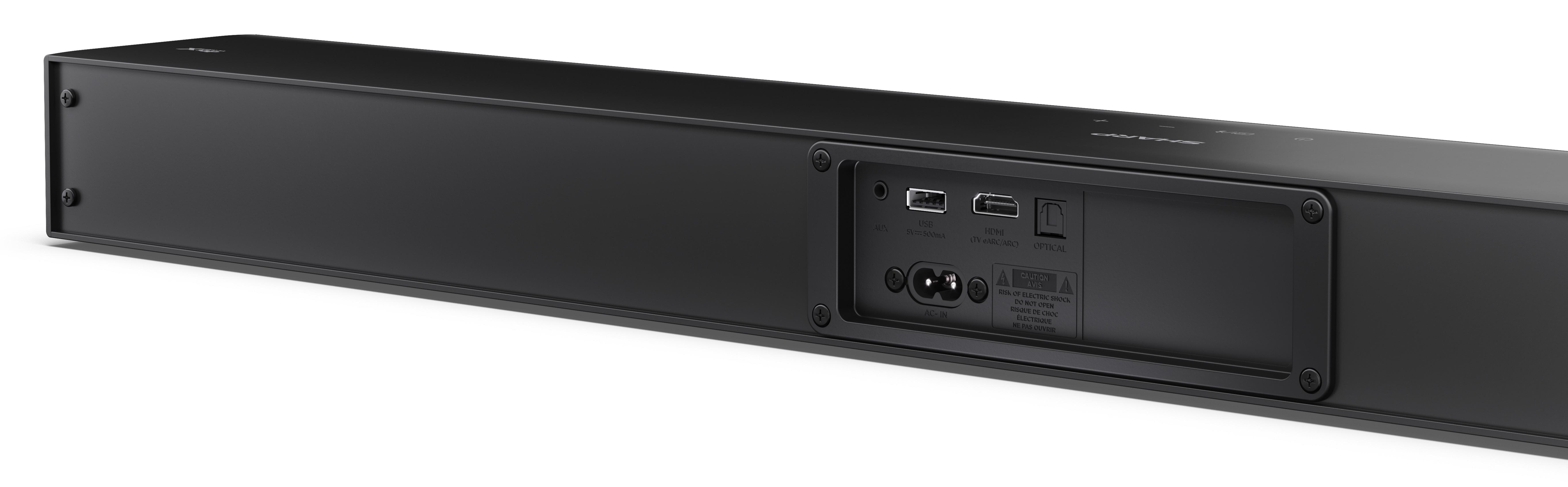 Tył czarnej listwy dźwiękowej z portami AUX, USB, HDMI i optycznym.