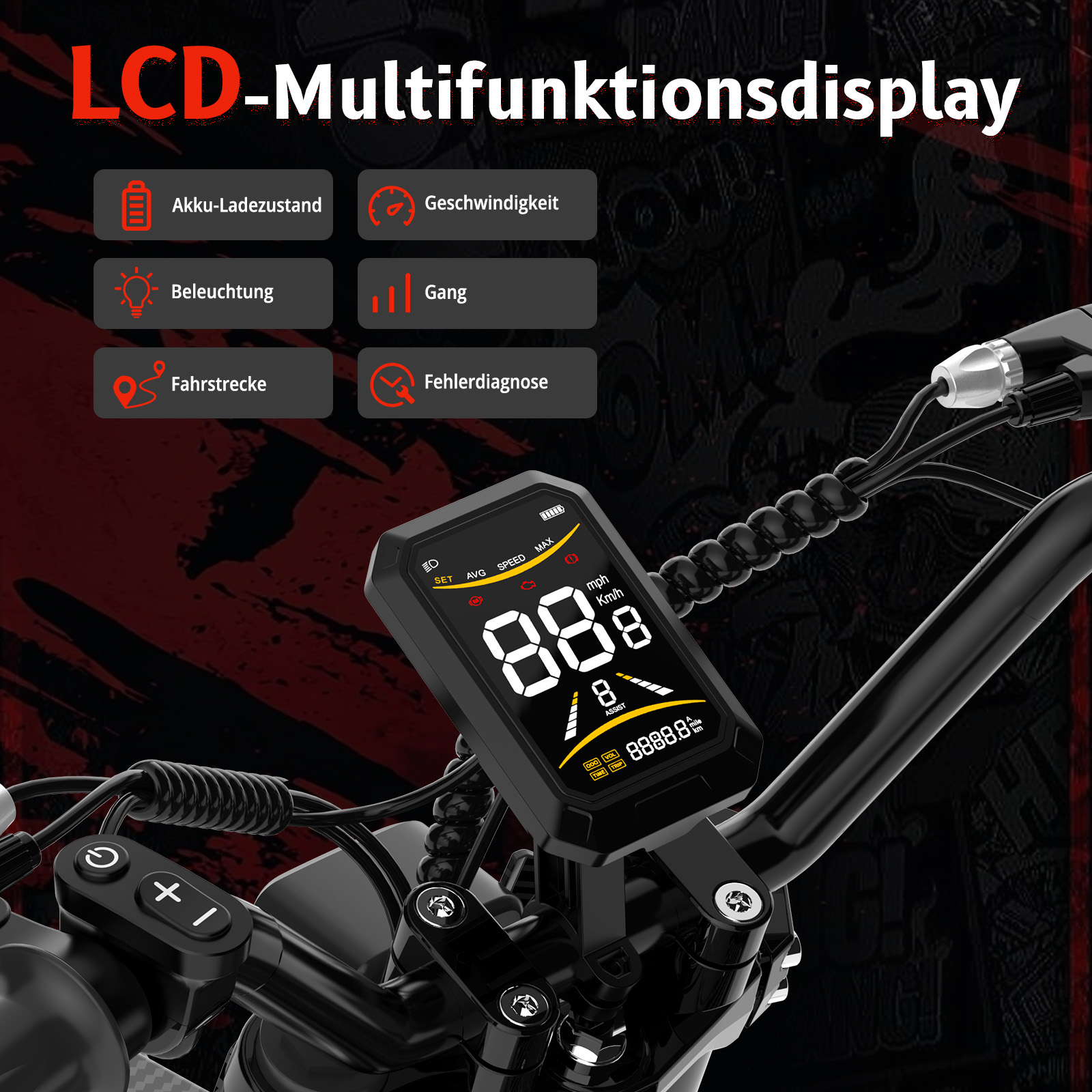 LCD-Display eines E-Bikes mit Akku, Geschwindigkeit, Gang, Licht, Strecke und Fehlerdiagnose.