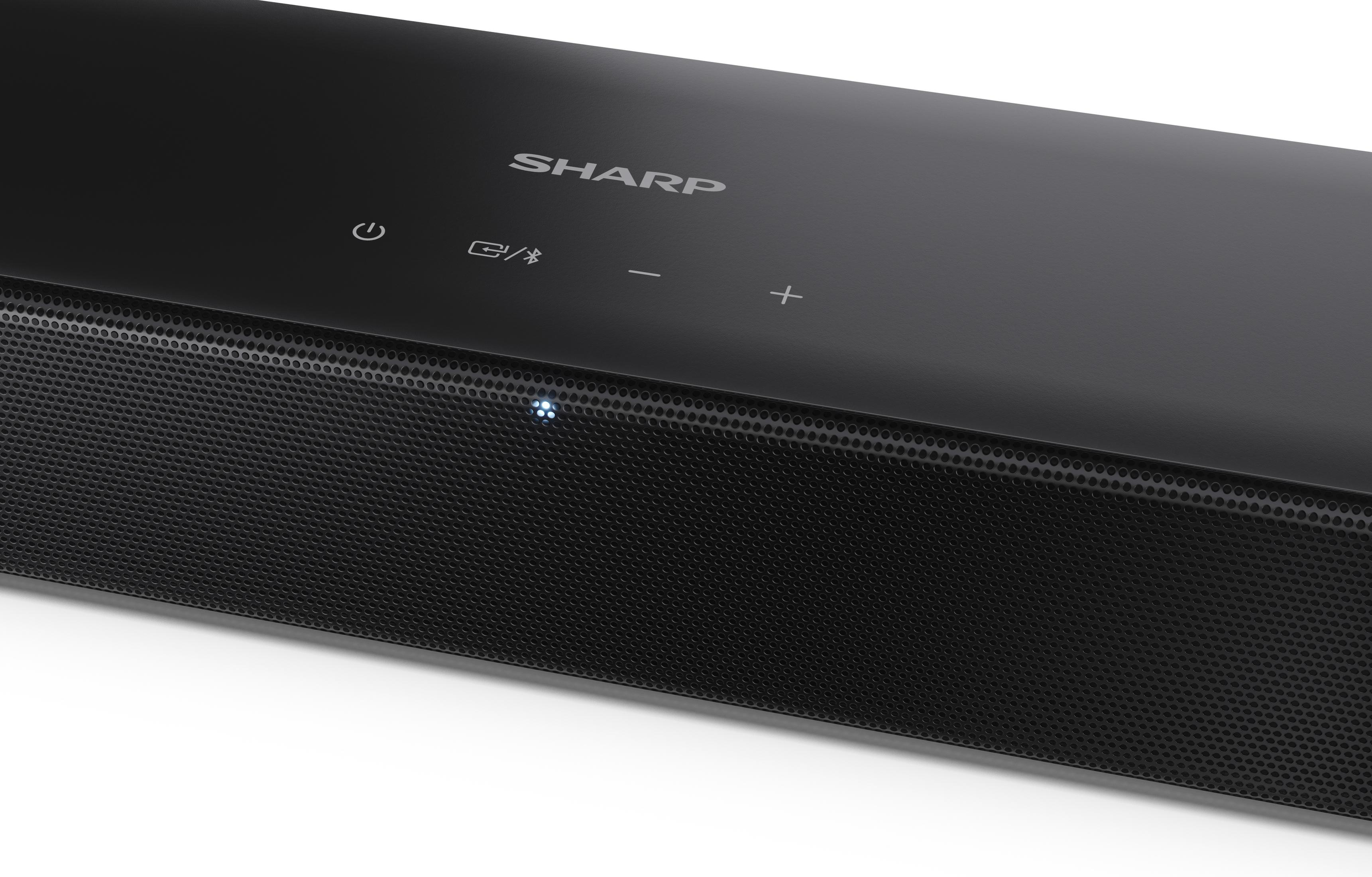 Czarny soundbar Sharp z przyciskami sterowania i grillem głośnika.