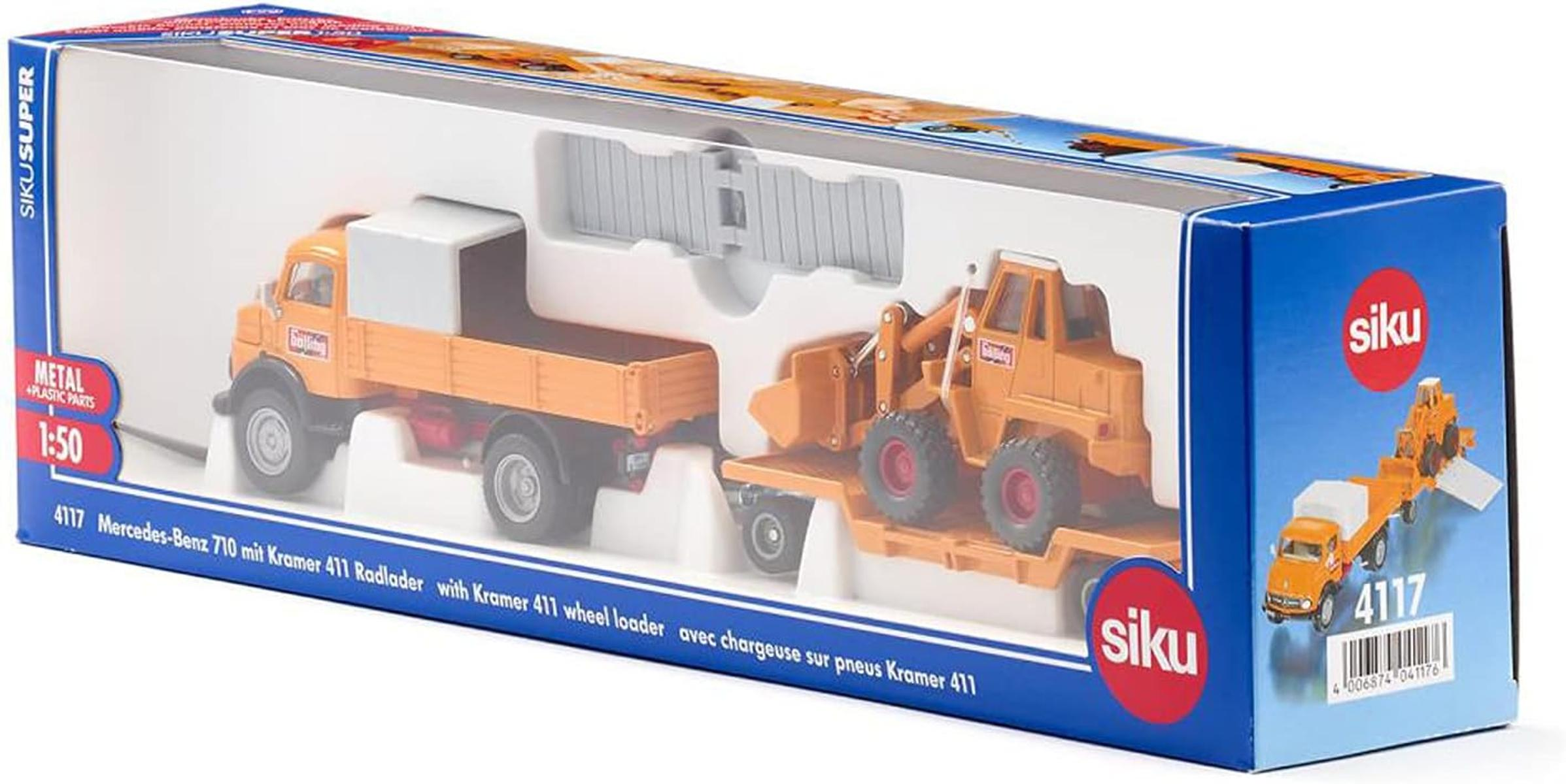 Spielzeug-LKW und Radlader in orange und weiß, verpackt.