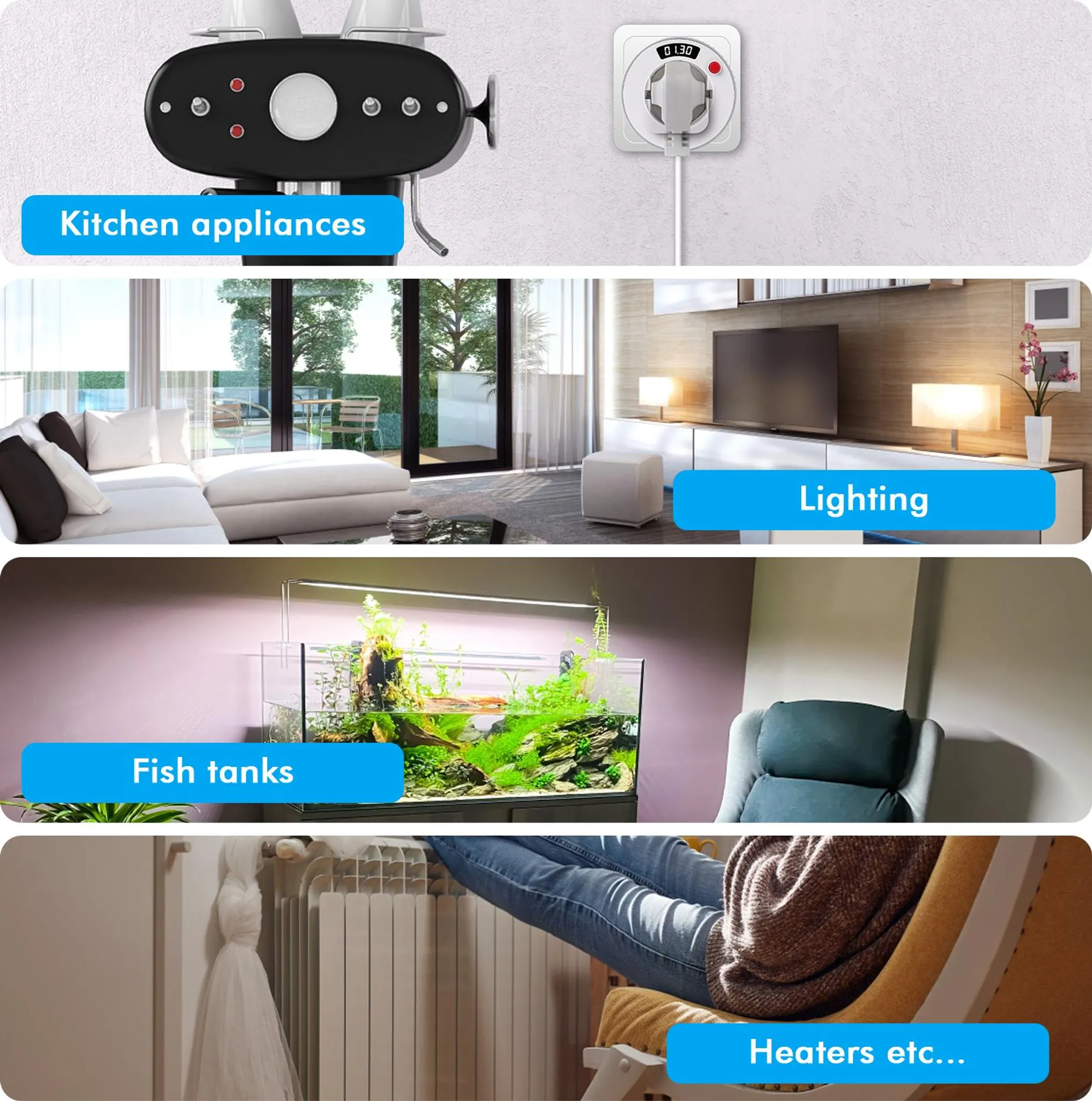 Collage: Küchengeräte, Wohnzimmer, Aquarium, Heizkörper.