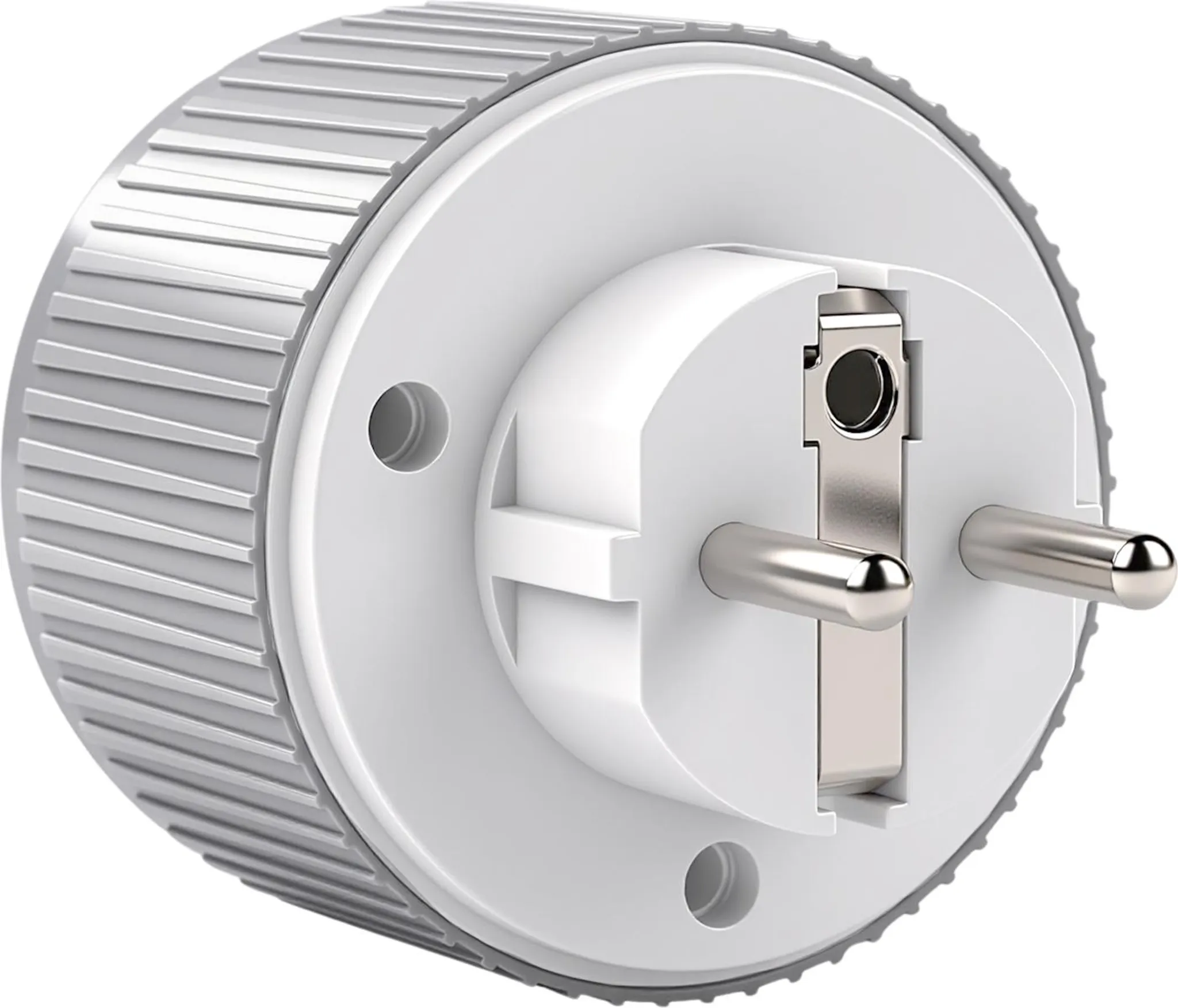 Ein weißer Stecker mit zwei silbernen Stiften und gerändeltem Rand.