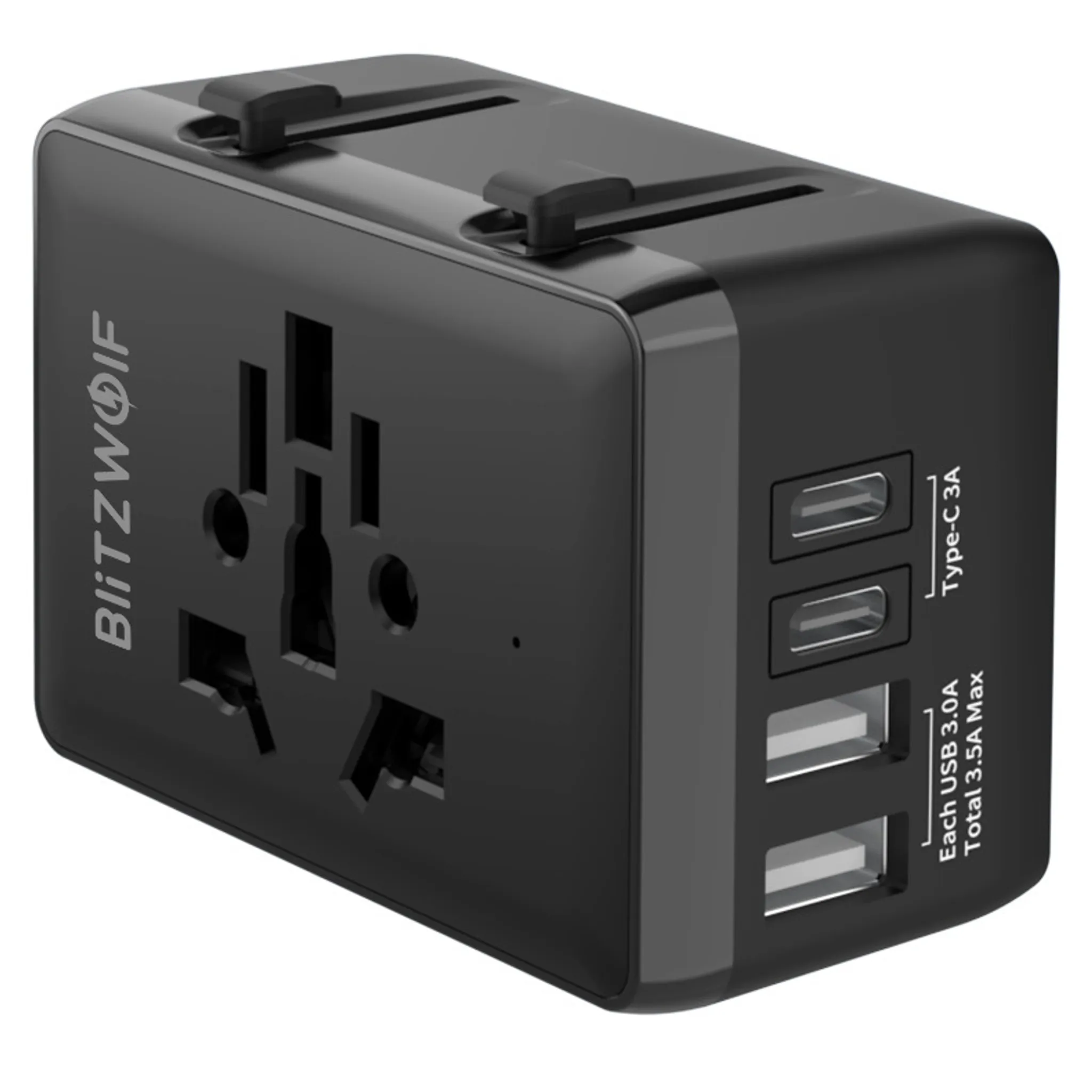 Schwarzer Reiseadapter mit mehreren Steckdosen und USB-Anschlüssen.