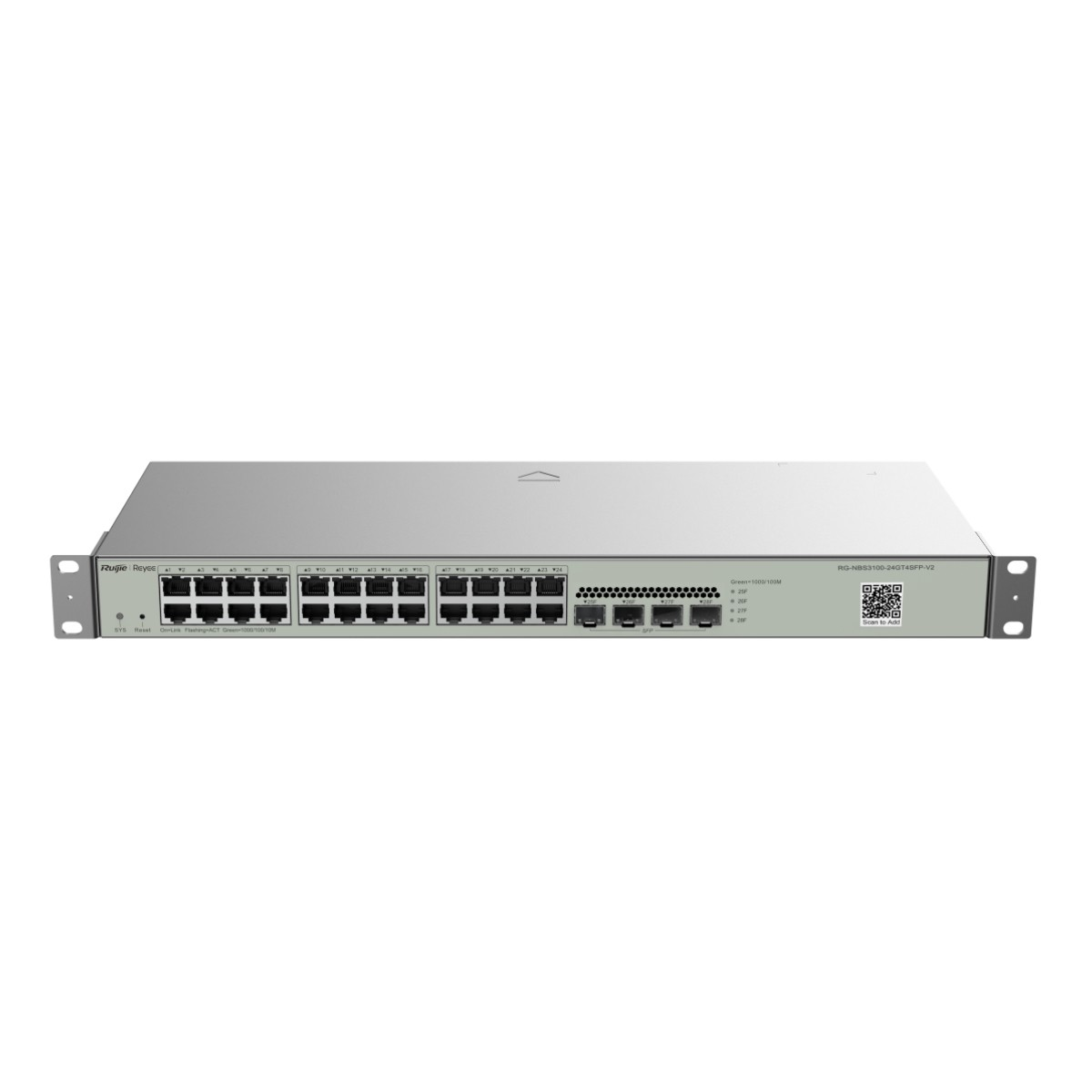 Ein silberner Netzwerk-Switch mit vielen Anschlüssen und LEDs.