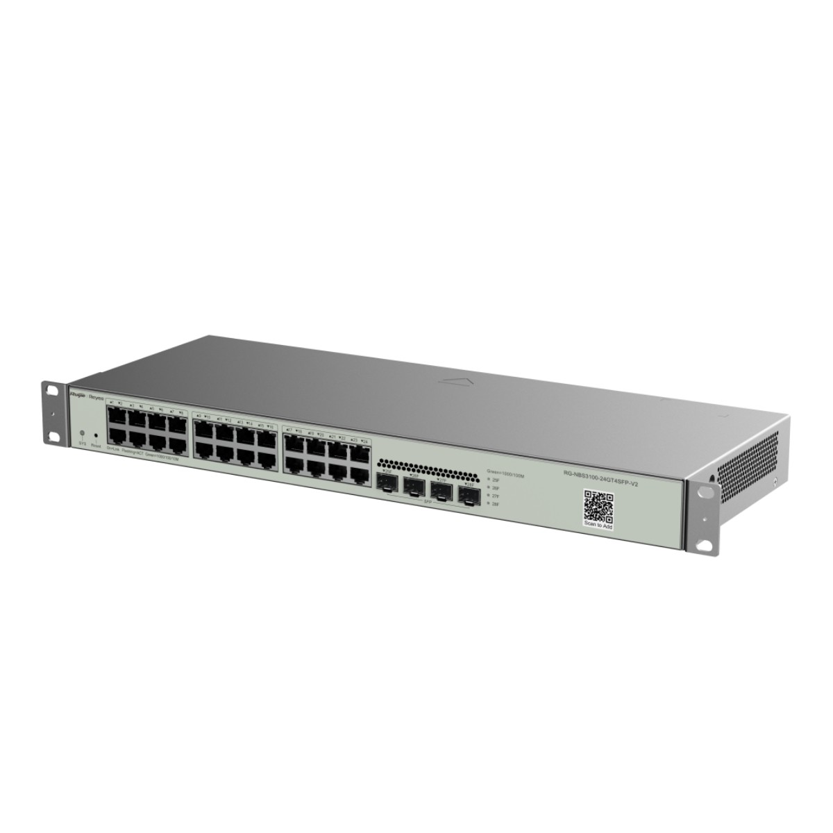 Ein silberner Netzwerk-Switch mit 24 Ports und SFP-Slots.
