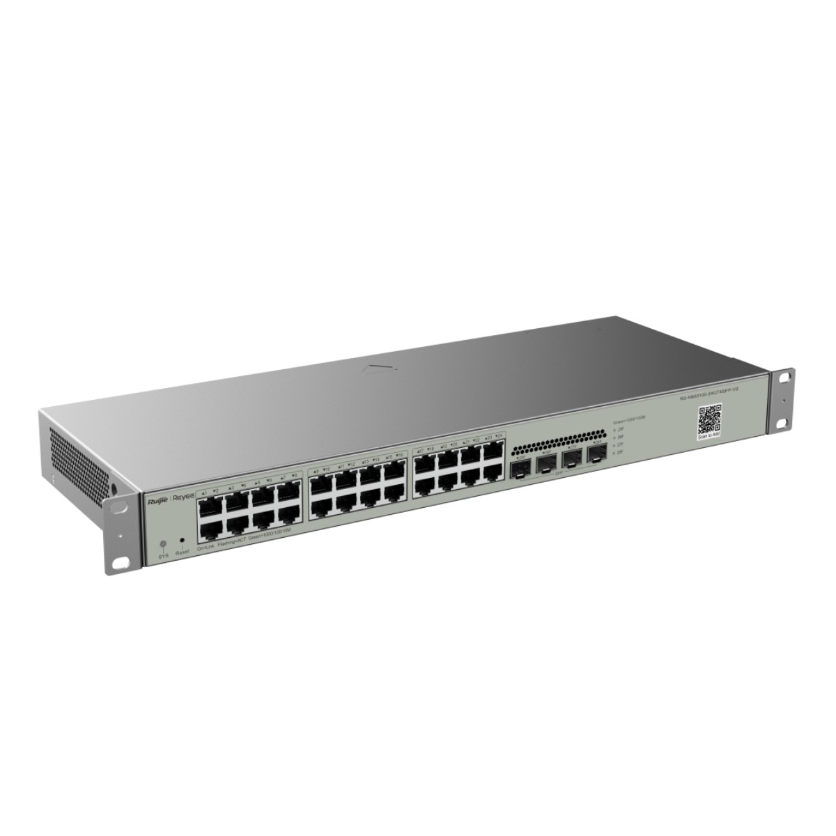 Ein silberner Netzwerk-Switch mit 24 Ethernet-Ports und 4 SFP-Ports.