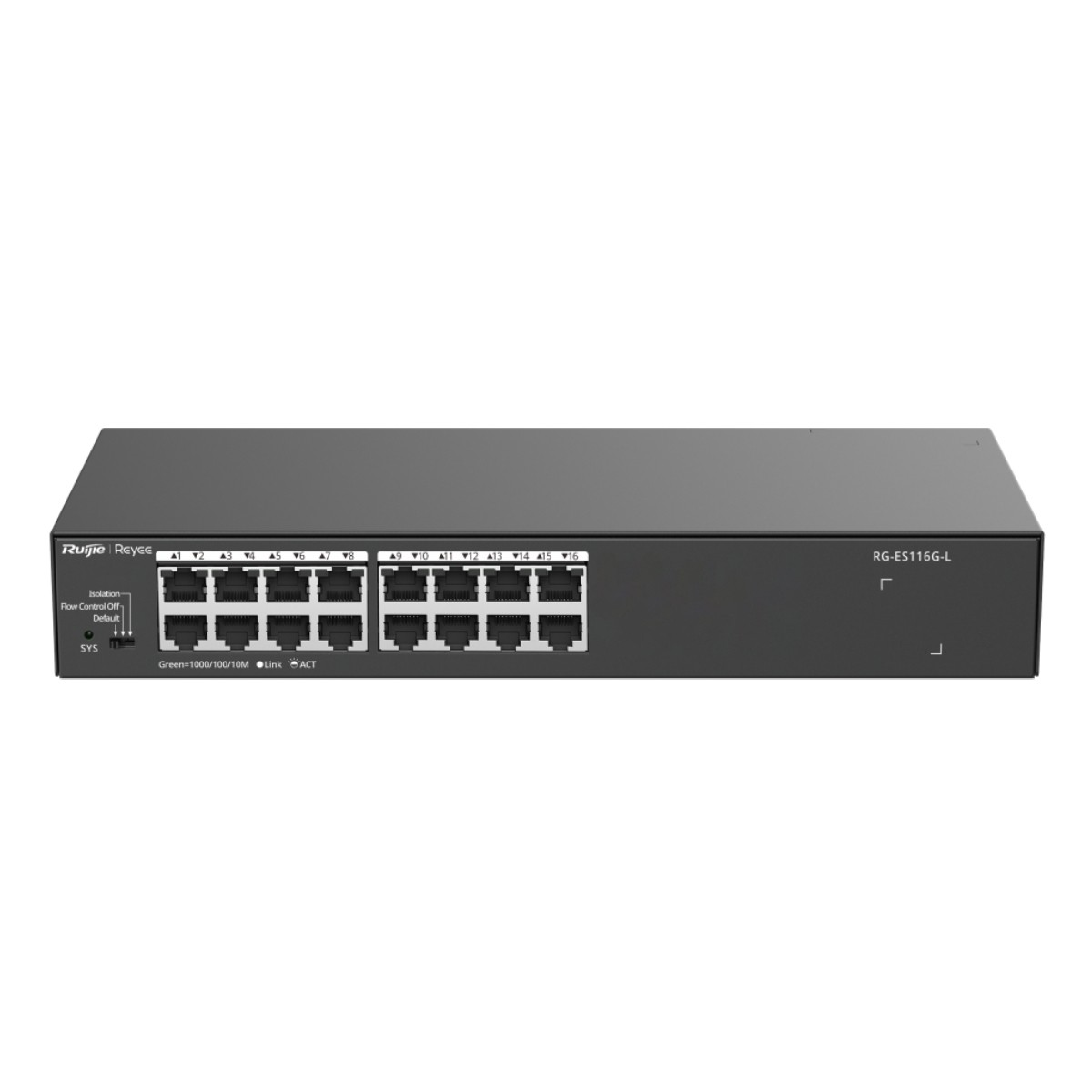 Switch di rete nero a 16 porte con etichette e spie.