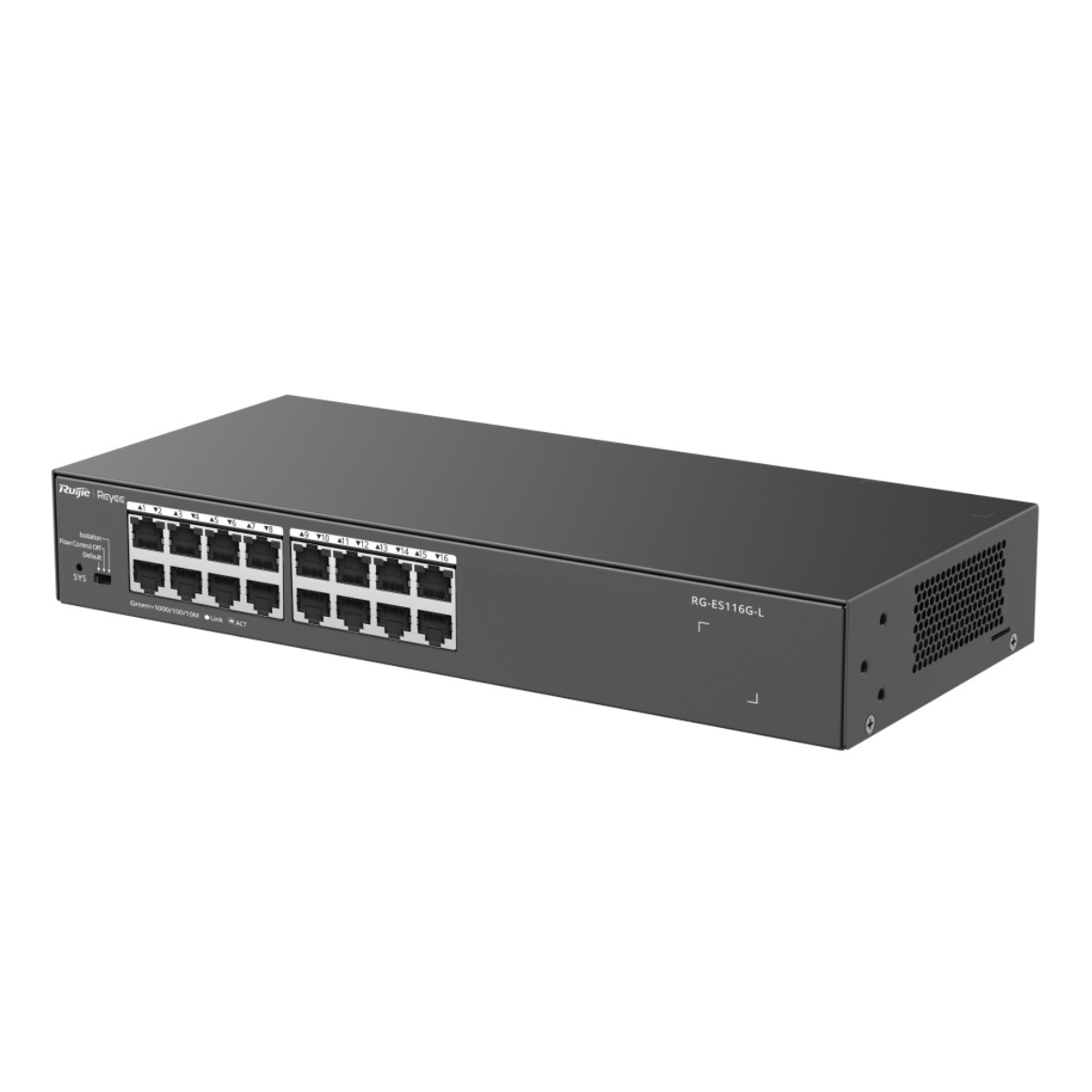 Uno switch di rete nero con 16 porte e indicatori di stato.