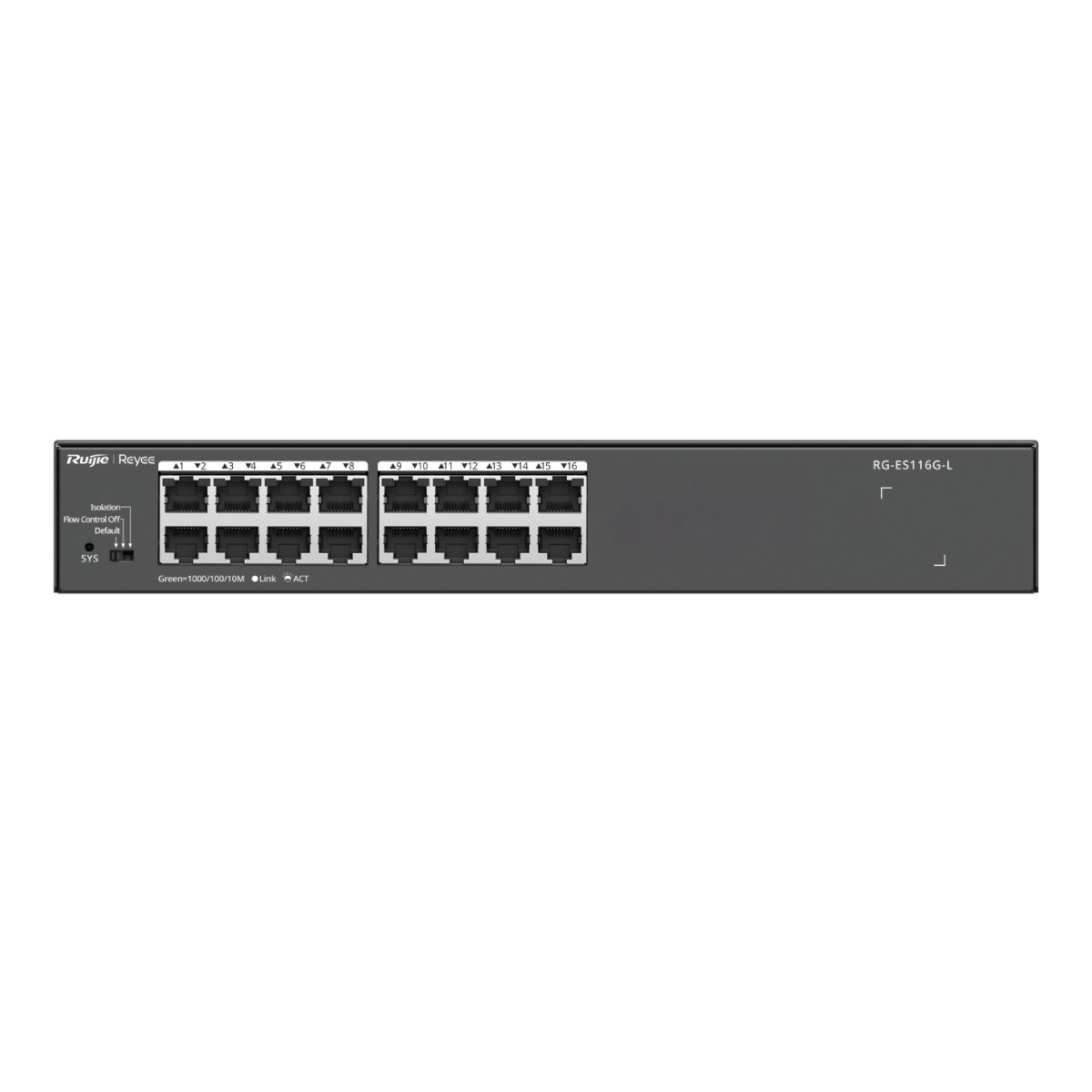 Uno switch di rete grigio con 16 porte ed etichette.
