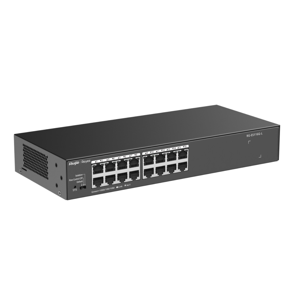 Uno switch di rete nero a 16 porte con logo Ruijie sul davanti.