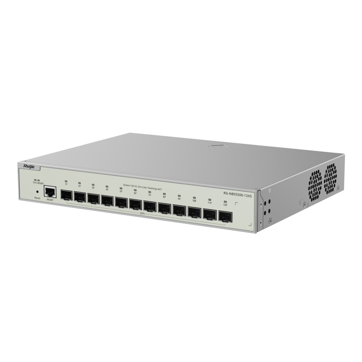 Un switch de red Ruijie plateado con 12 puertos SFP+ y rejillas de ventilación.
