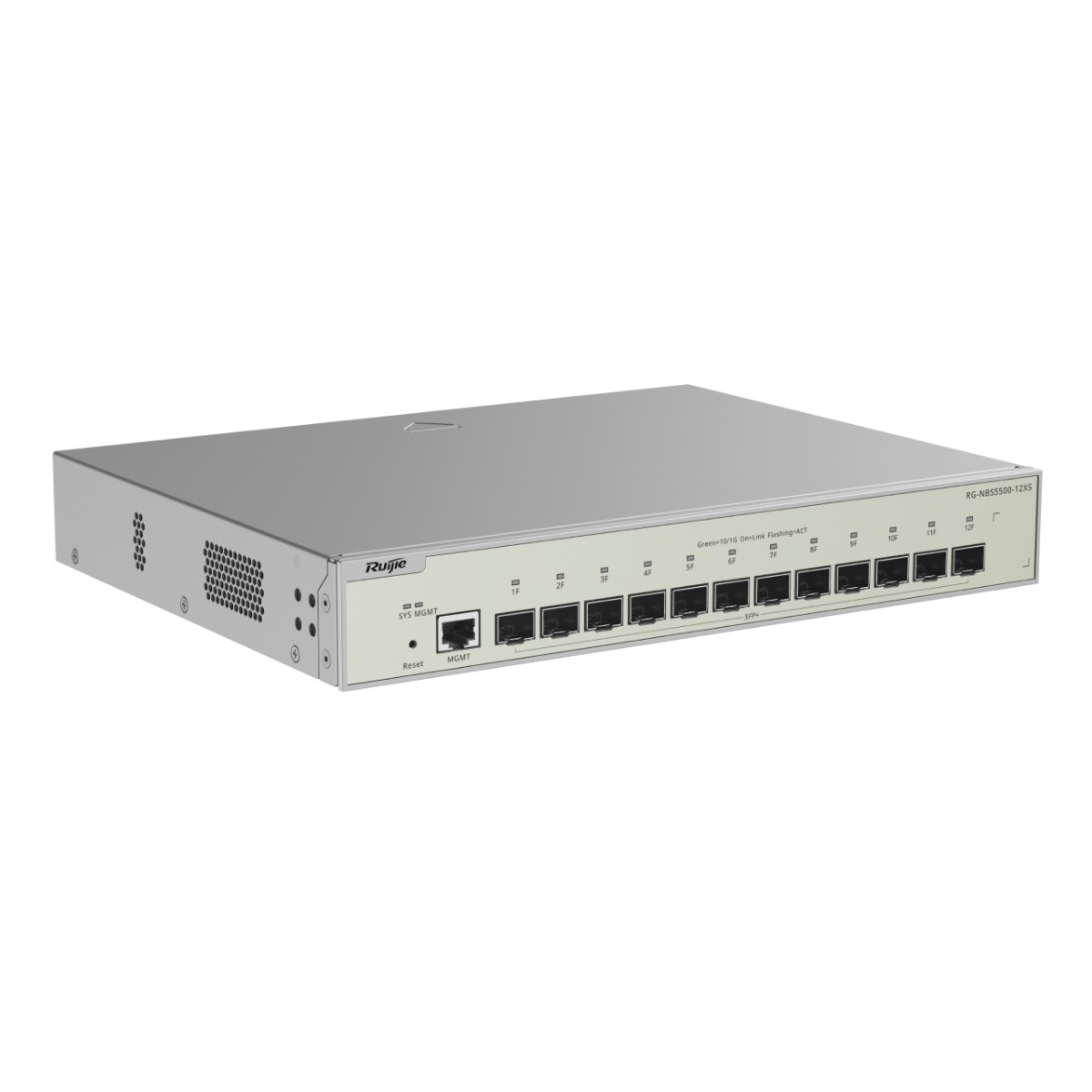 Un switch de red plateado con 12 puertos SFP y un puerto MGMT.