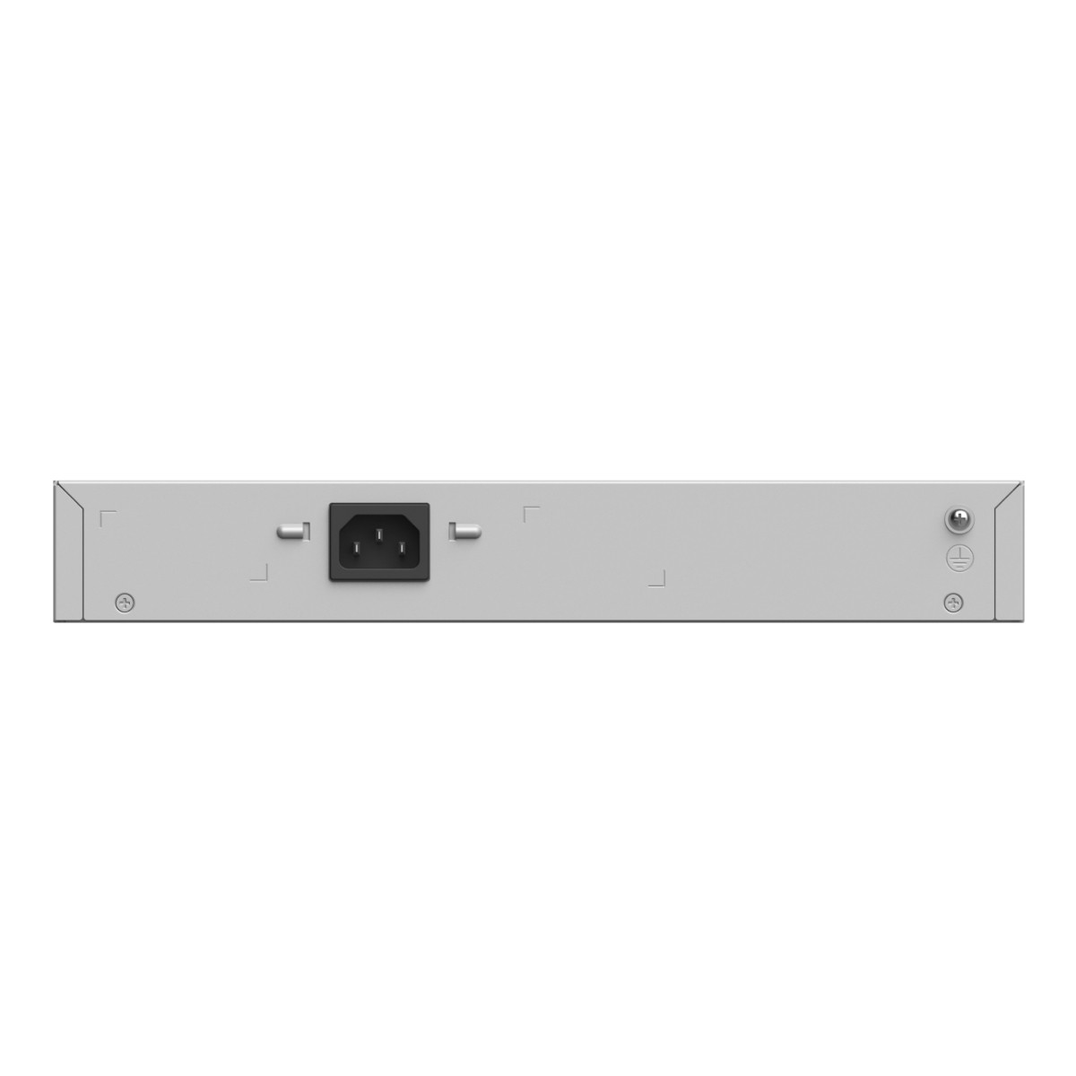 Reverso de un dispositivo gris con conector de alimentación y símbolo de tierra.