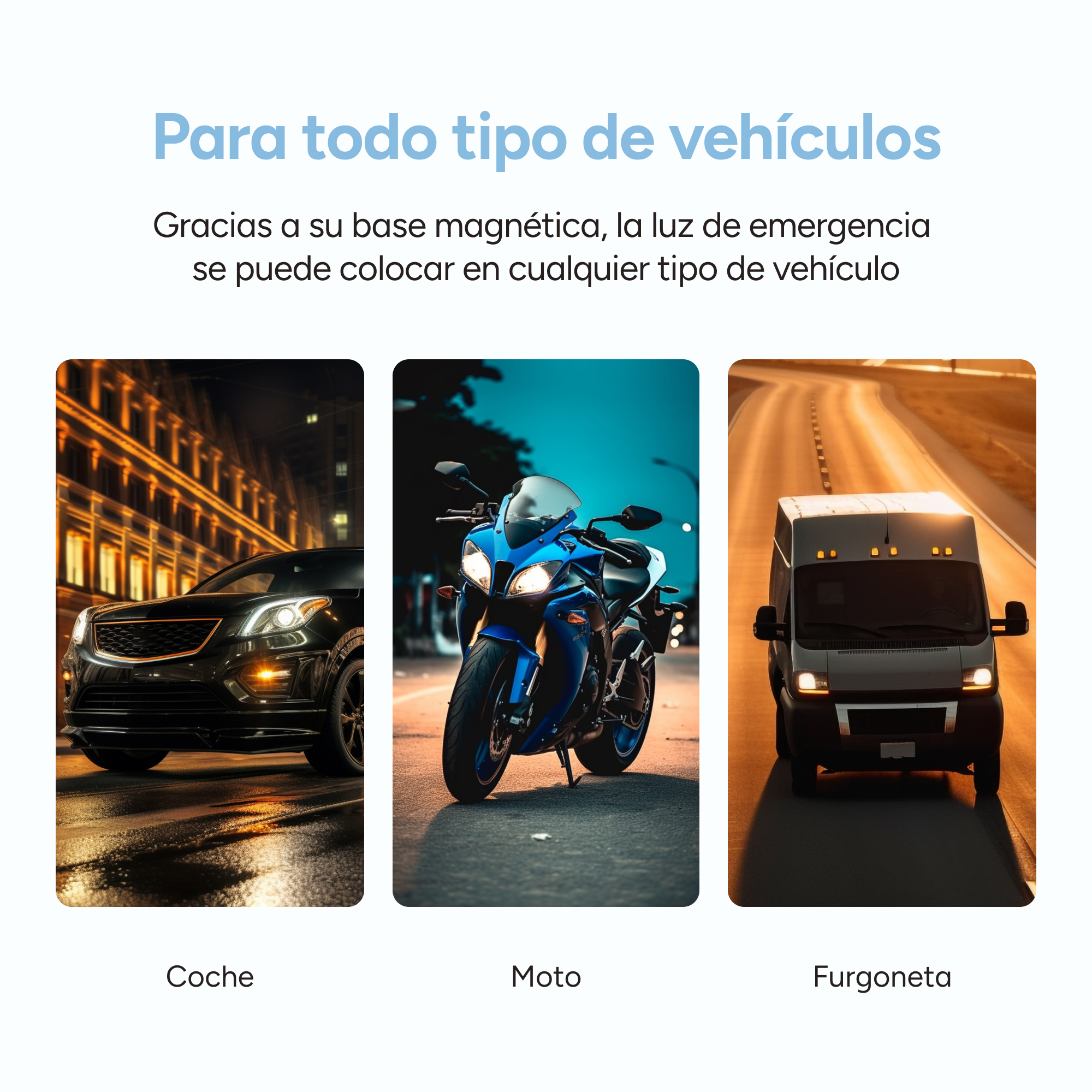 Un coche negro, una moto azul y una furgoneta blanca en carreteras.