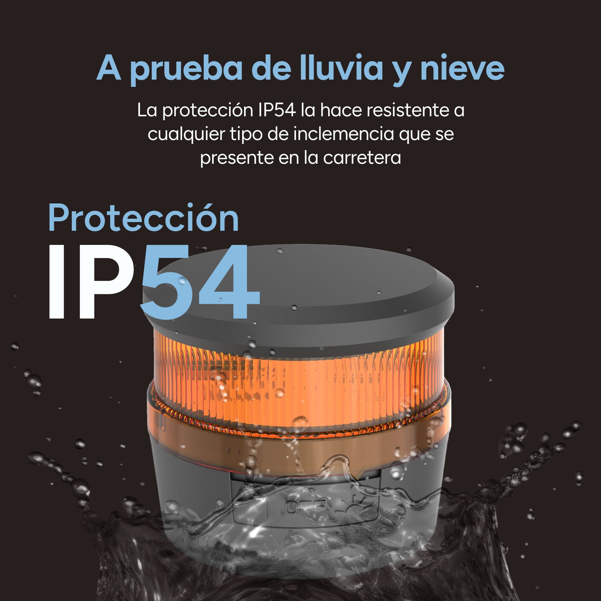 Luz de advertencia naranja con protección IP54 contra lluvia y nieve.