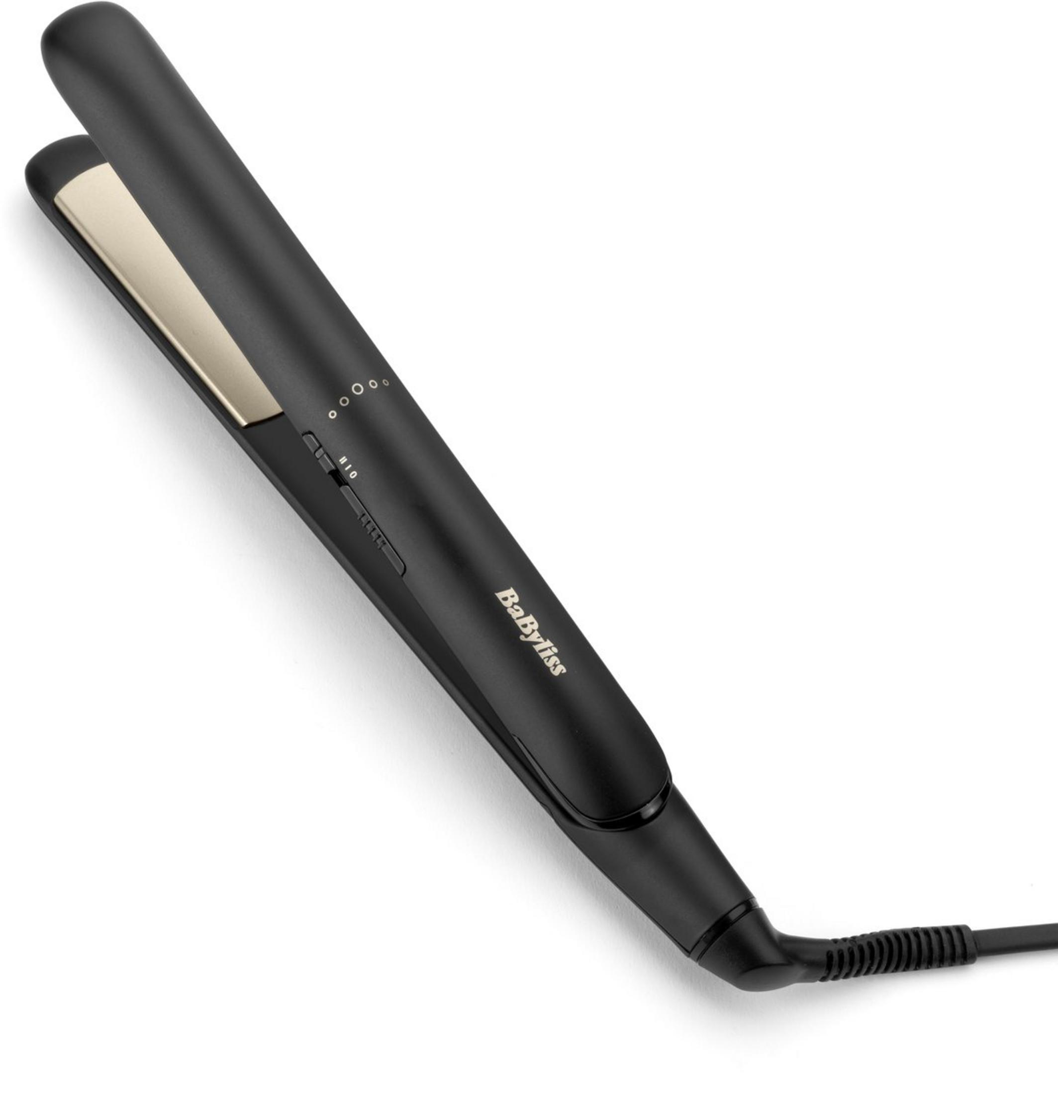 Piastra per capelli nera con piastre dorate e controlli.