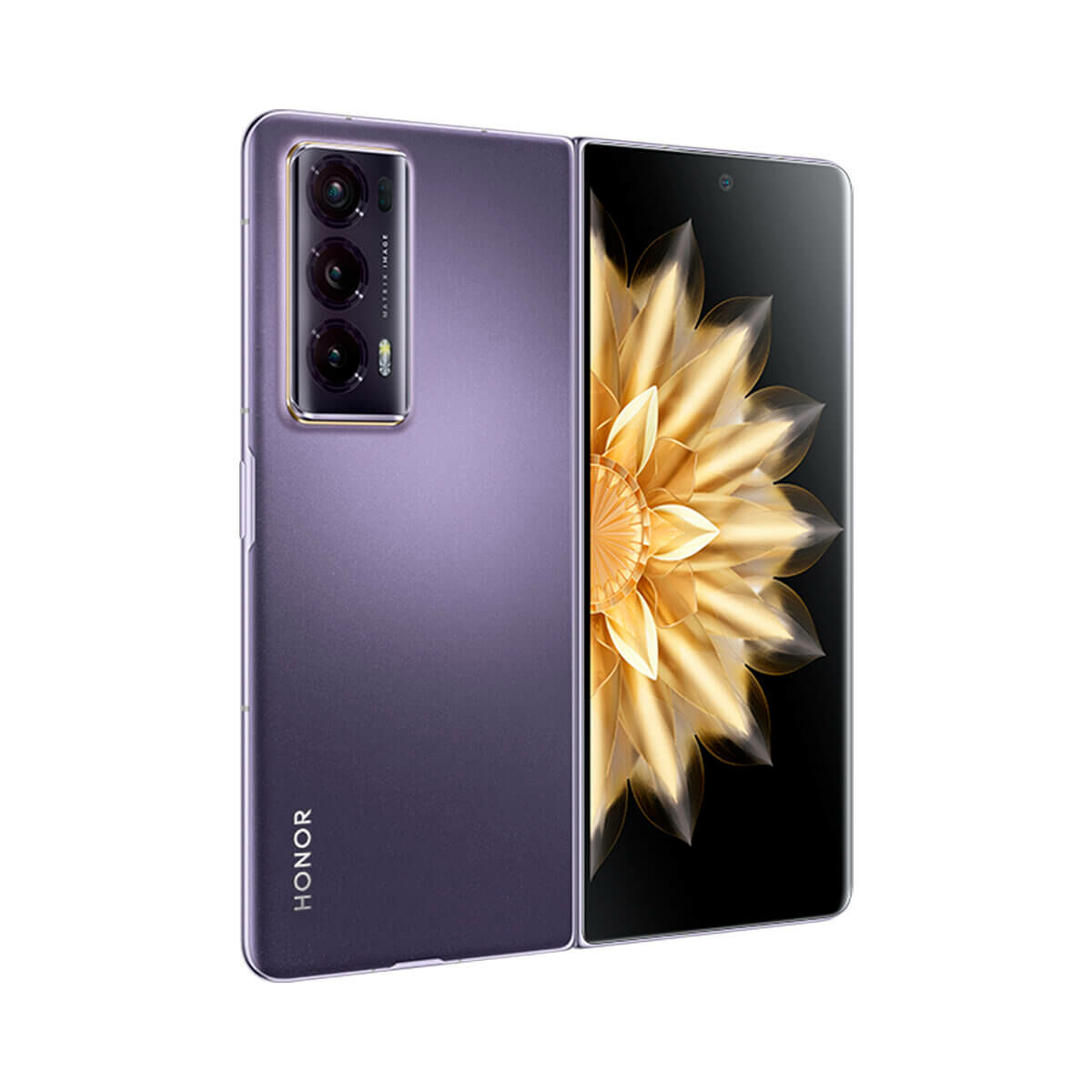 Telefono Honor pieghevole viola con tripla fotocamera e sfondo di fiori dorati.