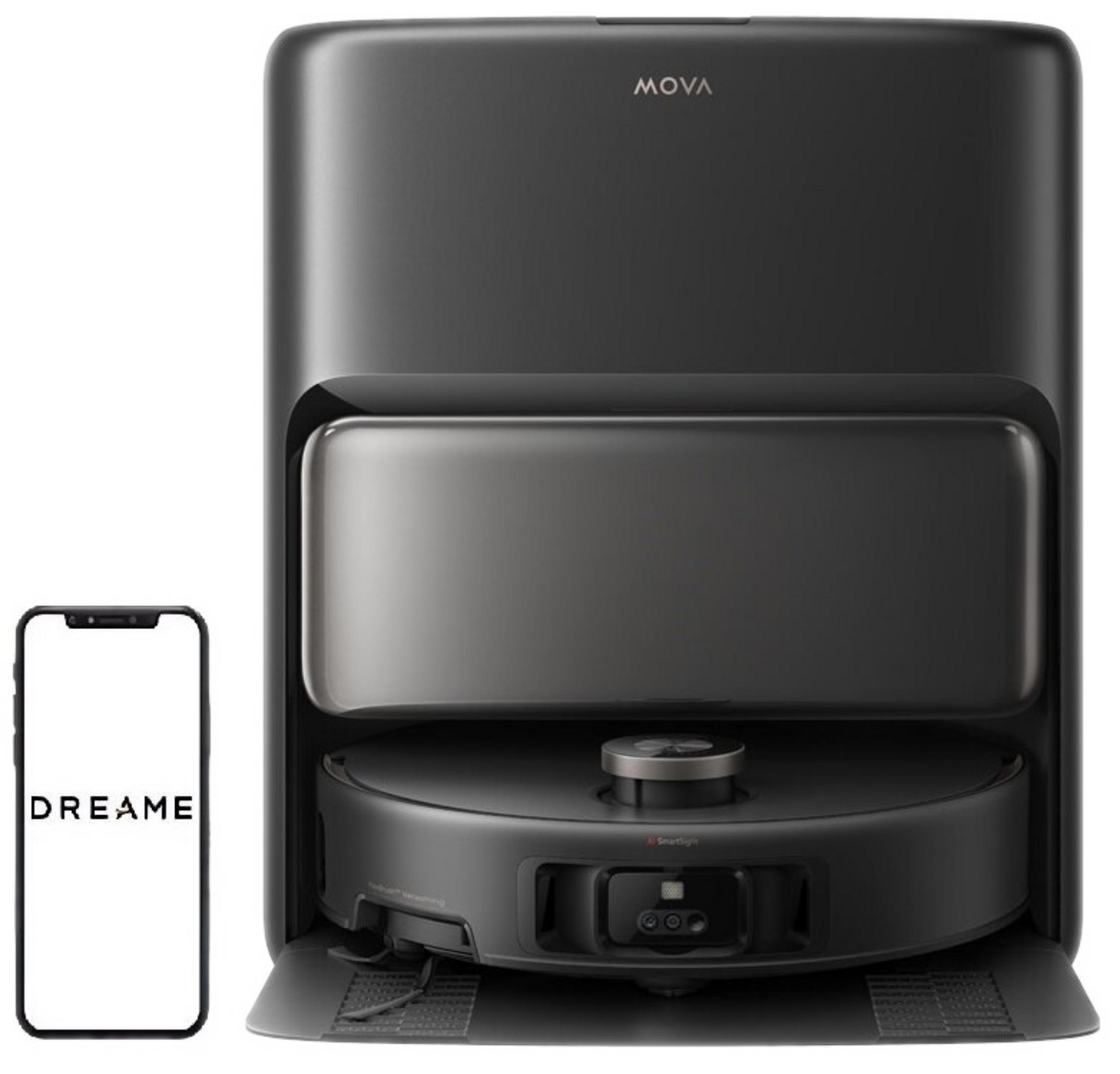 Czarny robot sprzątający ze stacją dokującą i smartfonem obok.