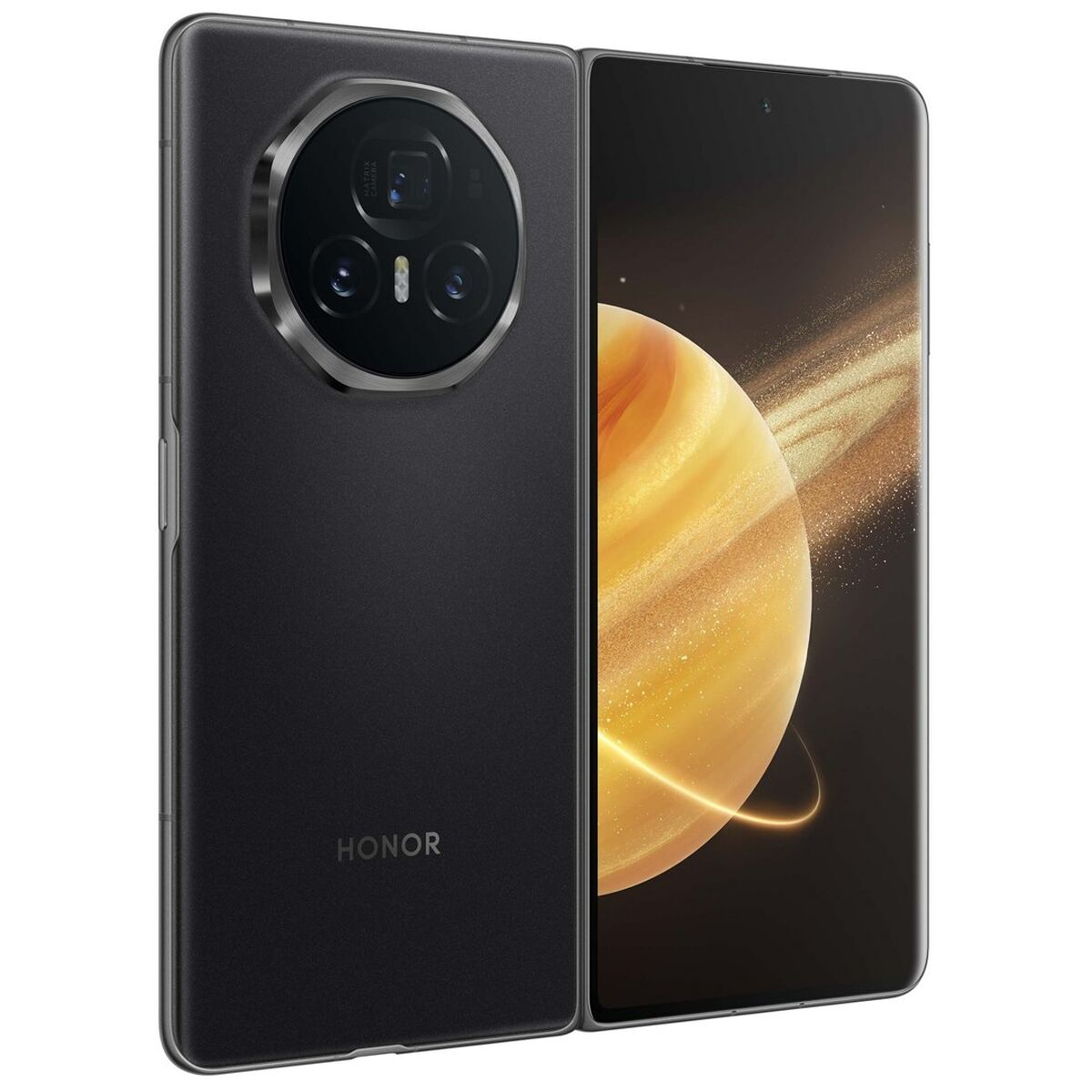 Un telefono Honor pieghevole nero con un grande modulo fotocamera e uno sfondo di pianeta.