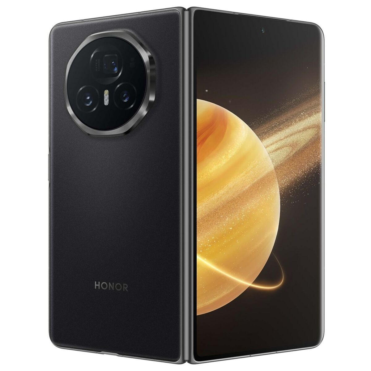 Uno smartphone nero piegato con fotocamera sul retro e grafica di pianeta sullo schermo.