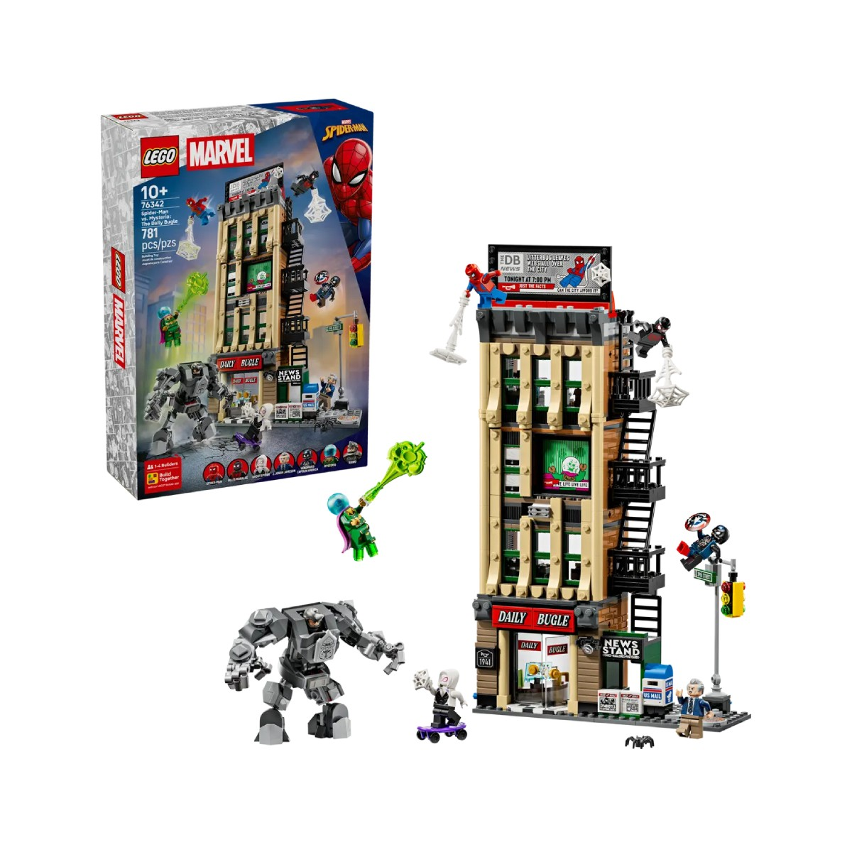 Zestaw Lego Marvel Spider-Man Daily Bugle z figurkami i robotem.