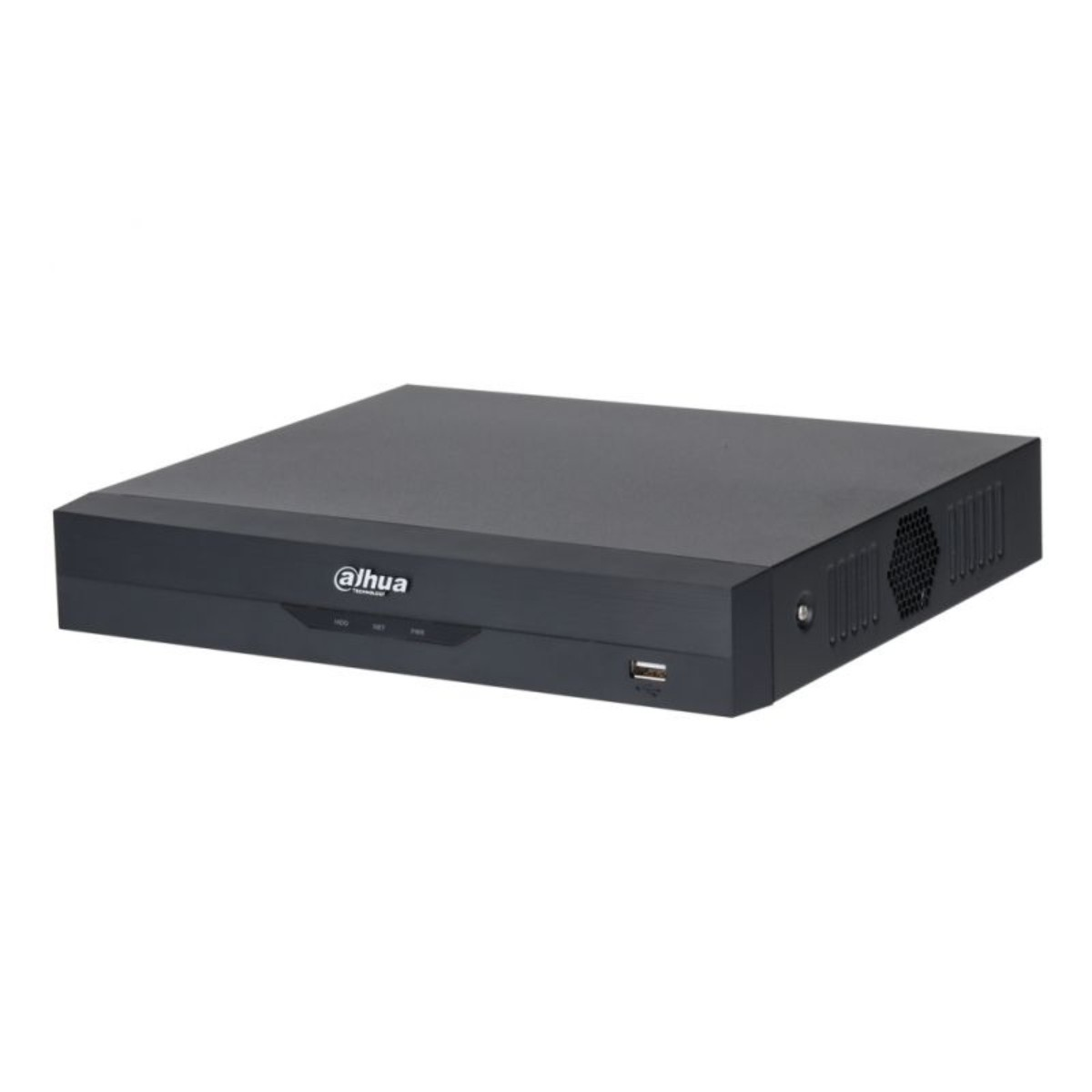 Schwarzer DVR mit Dahua-Logo, USB-Anschluss und Lüftungsschlitzen.