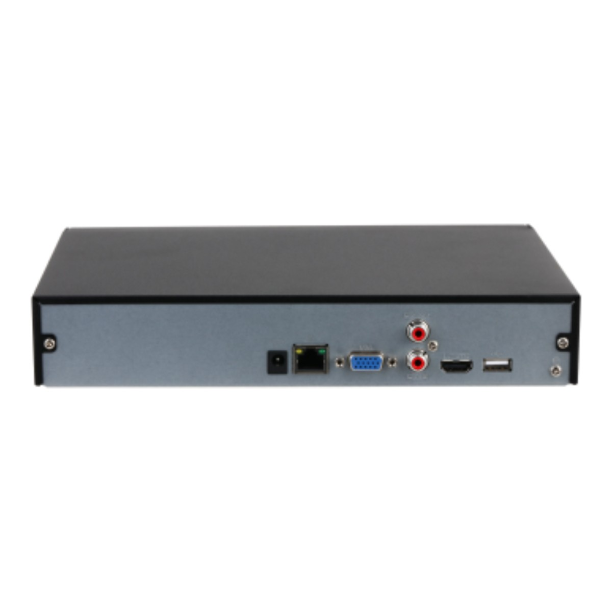 Rückseite eines schwarzen Geräts mit Anschlüssen: Strom, Netzwerk, VGA, Audio und HDMI.