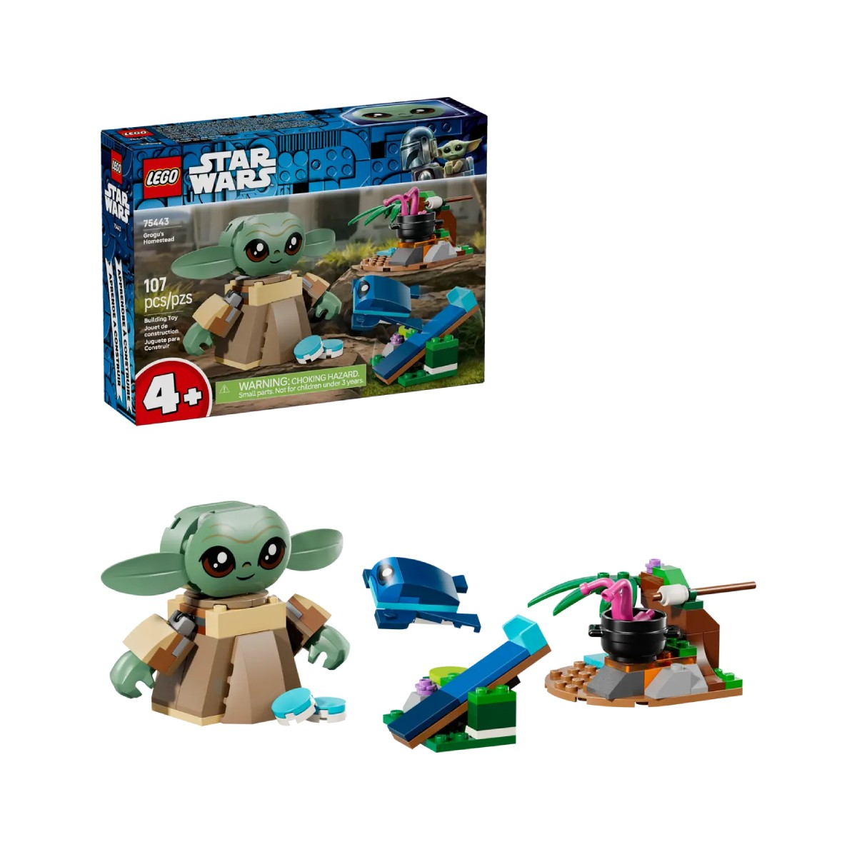 Zestaw LEGO Star Wars z Grogu, garnkiem i huśtawką.