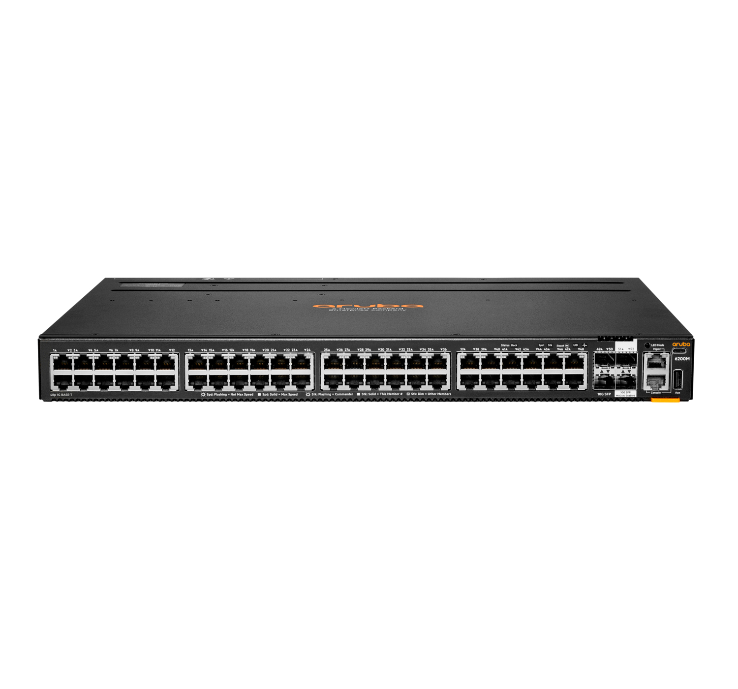 Schwarzer Aruba 6200M Netzwerk-Switch mit vielen Anschlüssen und LEDs.