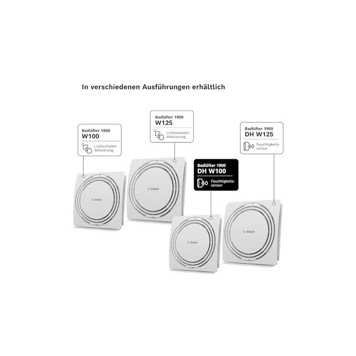 Vengono mostrate quattro ventole da bagno Bosch bianche con diverse funzioni.