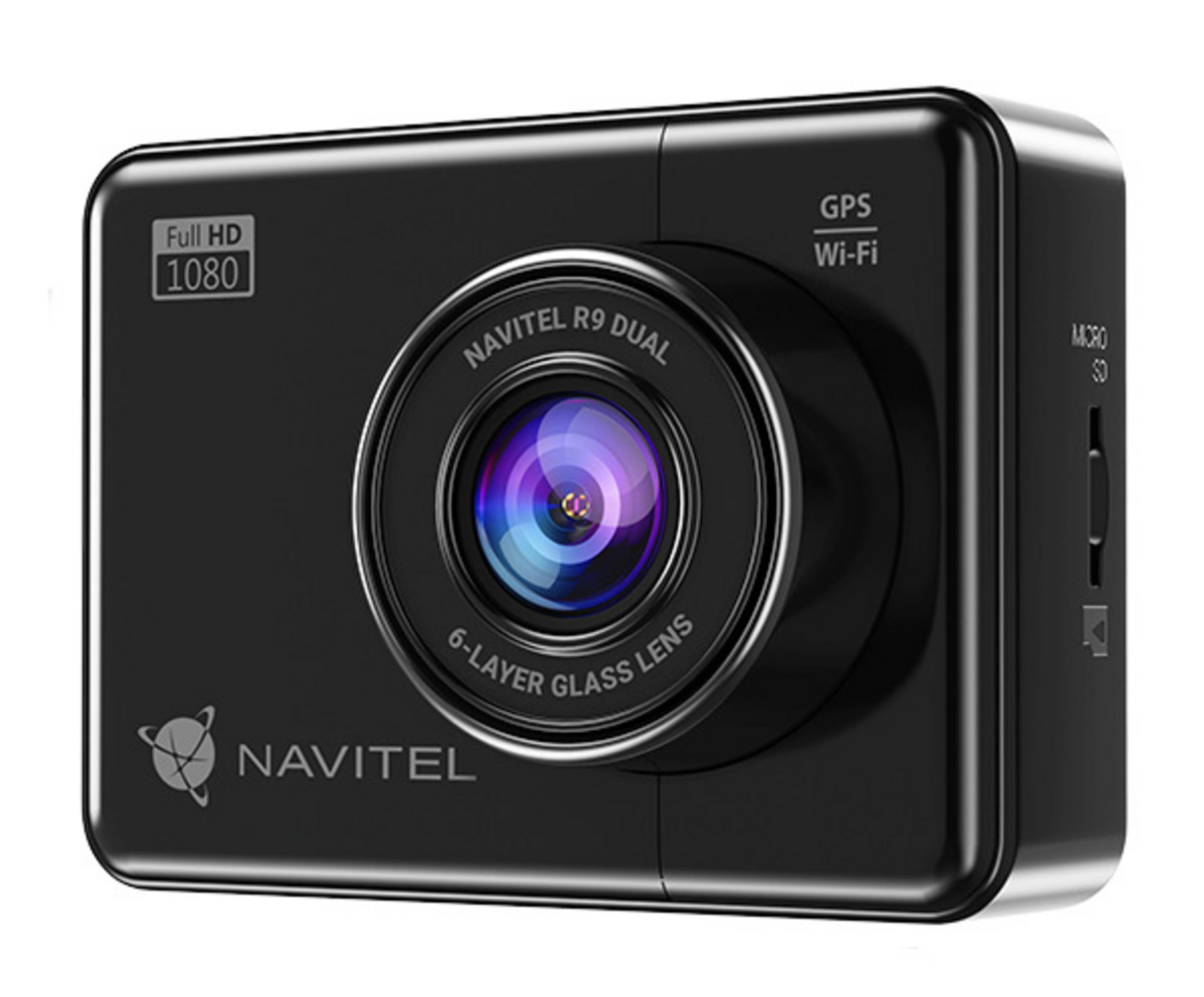 Schwarze Navitel R9 Dual Dashcam mit Full HD 1080p, GPS und Wi-Fi.
