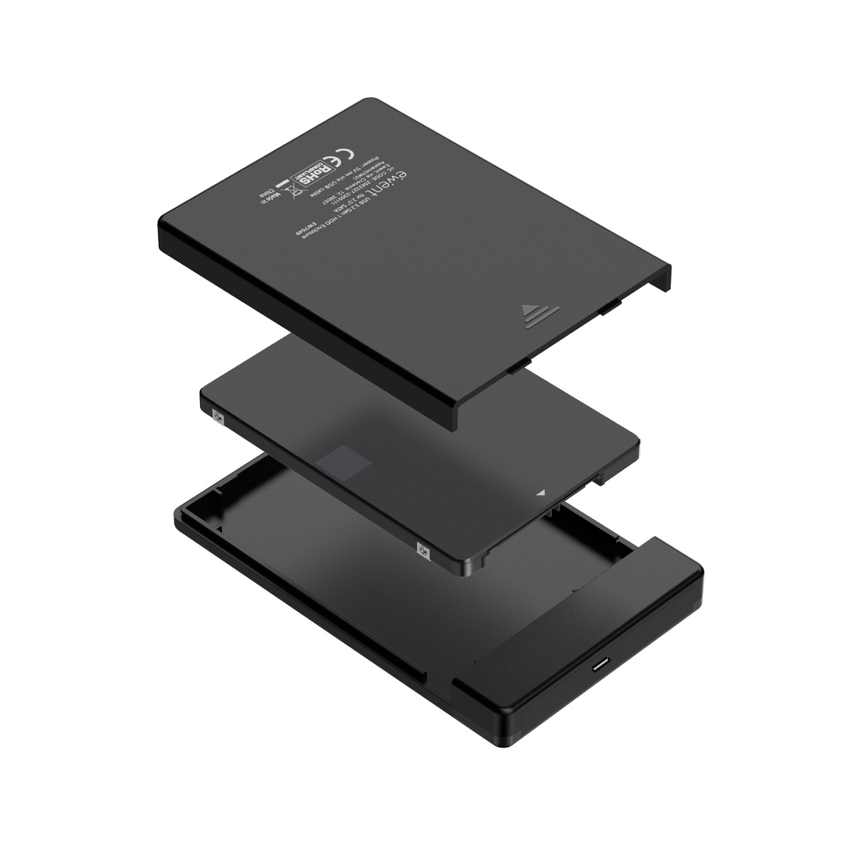 Vista esplosa di un enclosure nero per HDD SATA da 2,5" che mostra le sue tre parti.