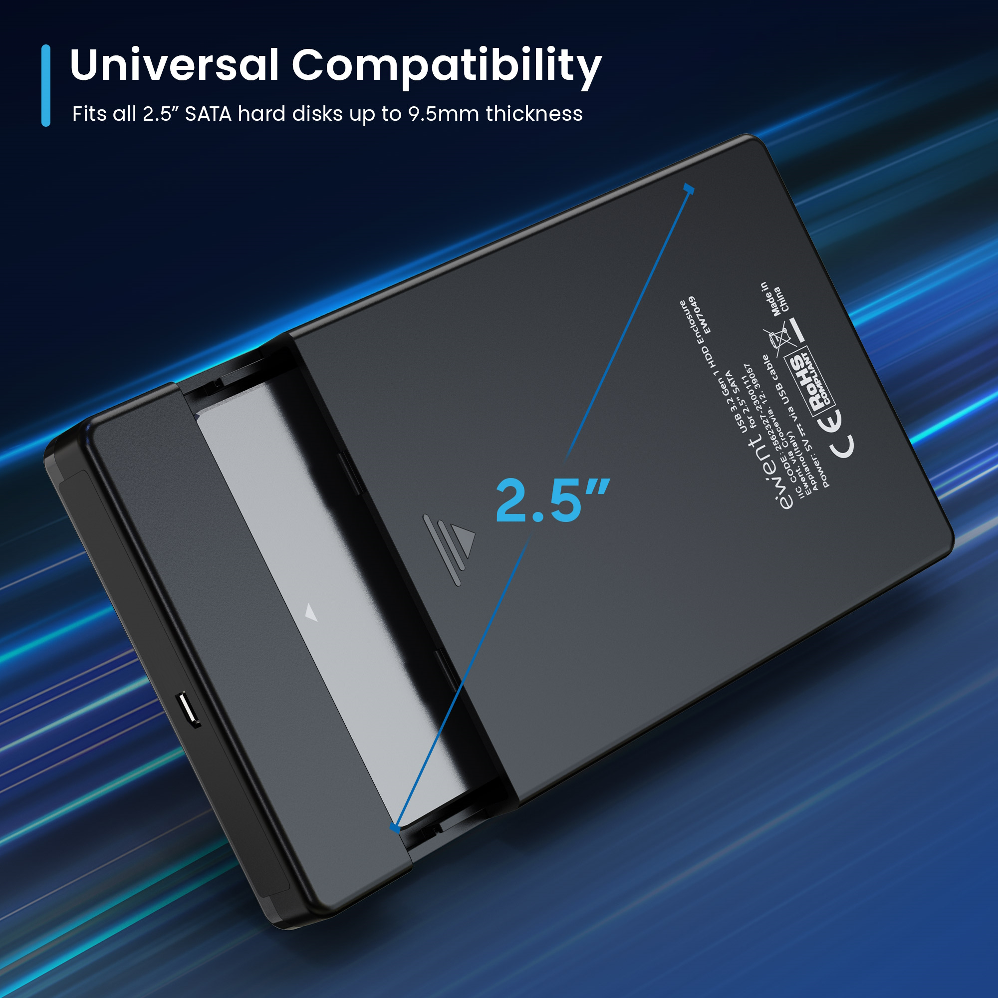 Box nero per HDD da 2,5 pollici con porta USB, adatto per unità SATA.