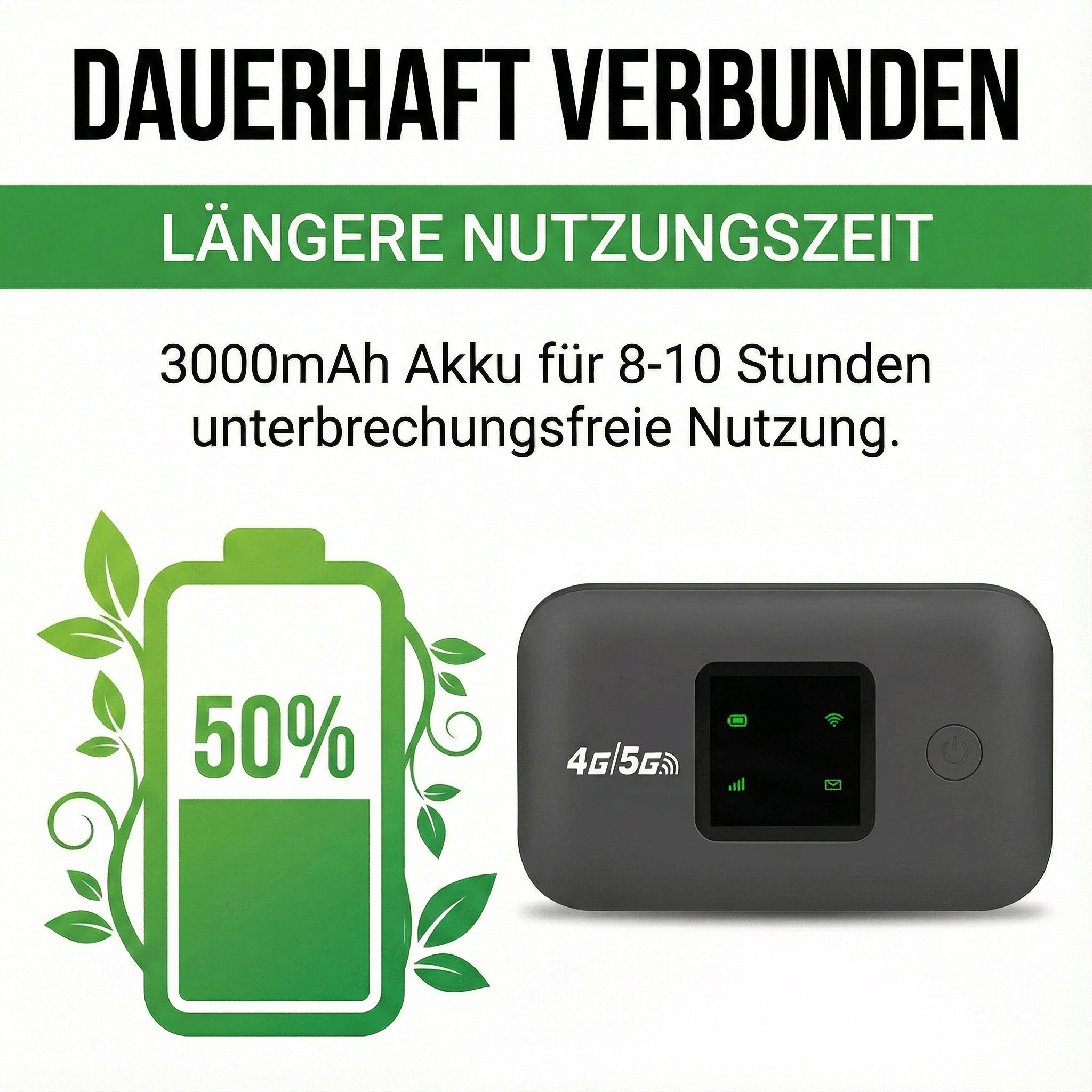 Ein 4G/5G-Gerät mit 3000mAh Akku, 50% Ladung, für lange Nutzung.