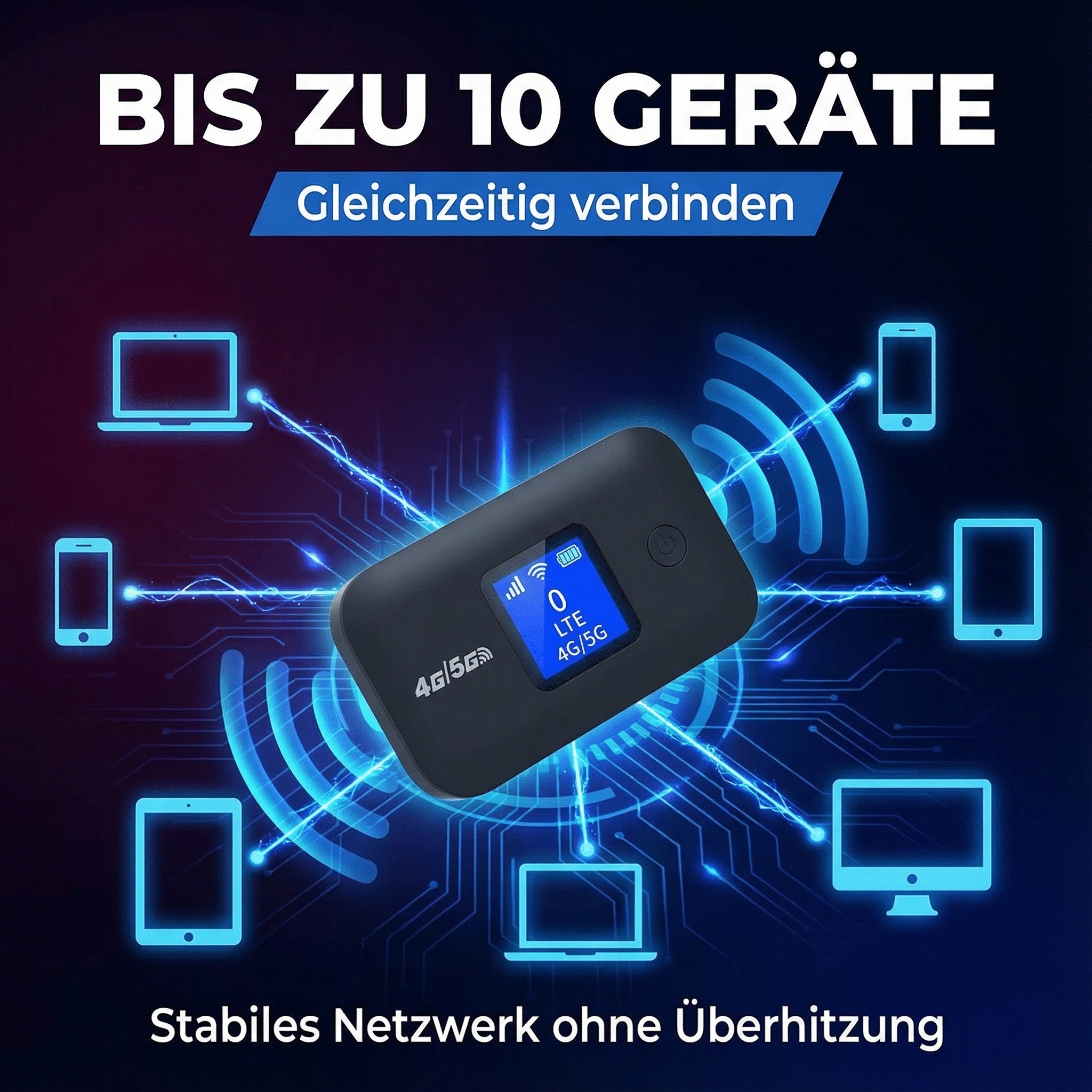 Ein 4G/5G-Gerät verbindet mehrere Laptops, Smartphones und Tablets.