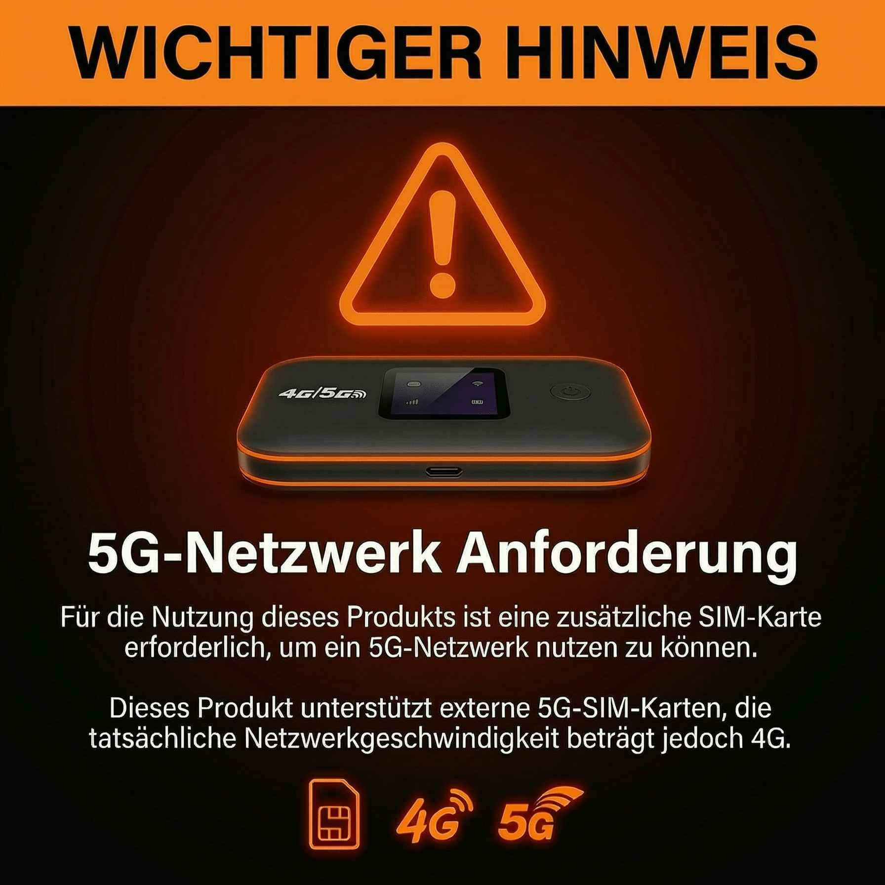 Wichtiger Hinweis: 5G-Netzwerk Anforderung. Produkt benötigt SIM-Karte für 5G, erreicht aber nur 4G.