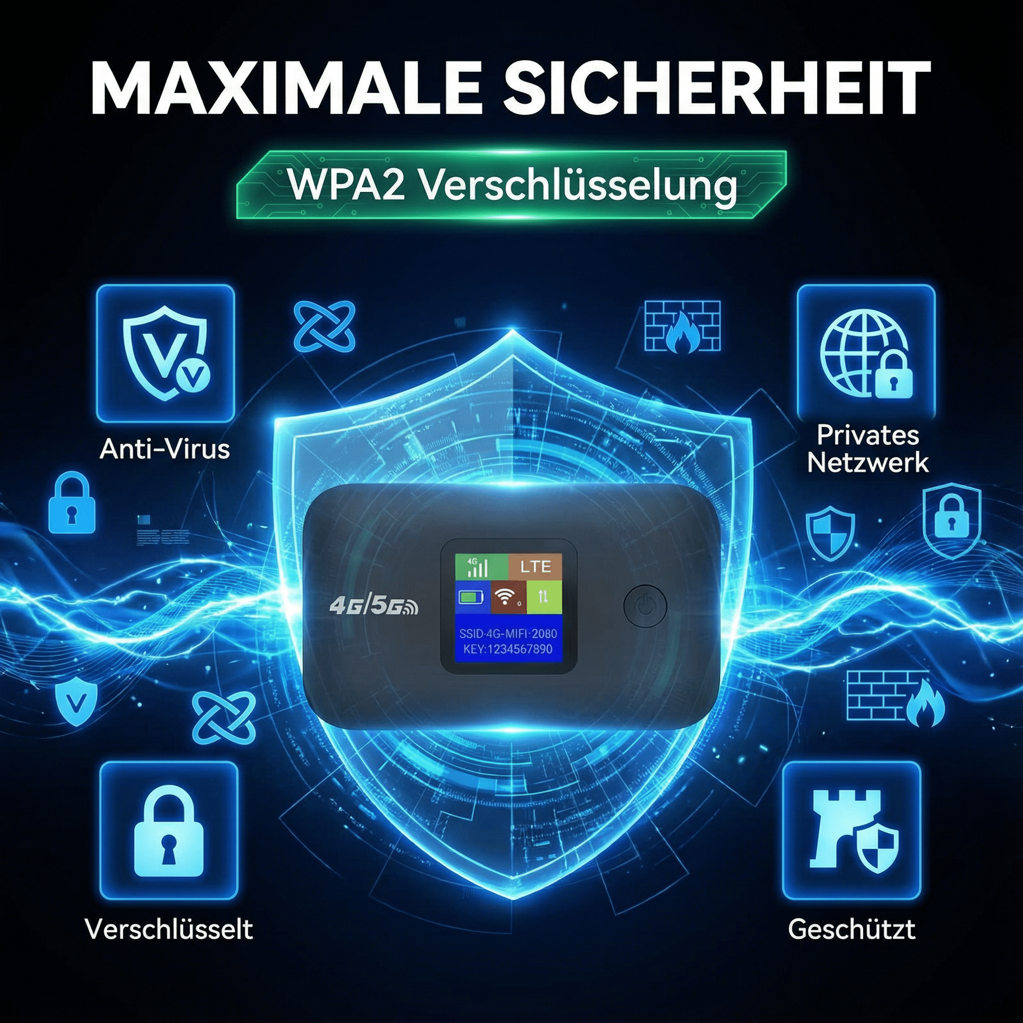 Ein 4G/5G Mifi-Gerät mit WPA2-Verschlüsselung, umgeben von Sicherheitssymbolen.