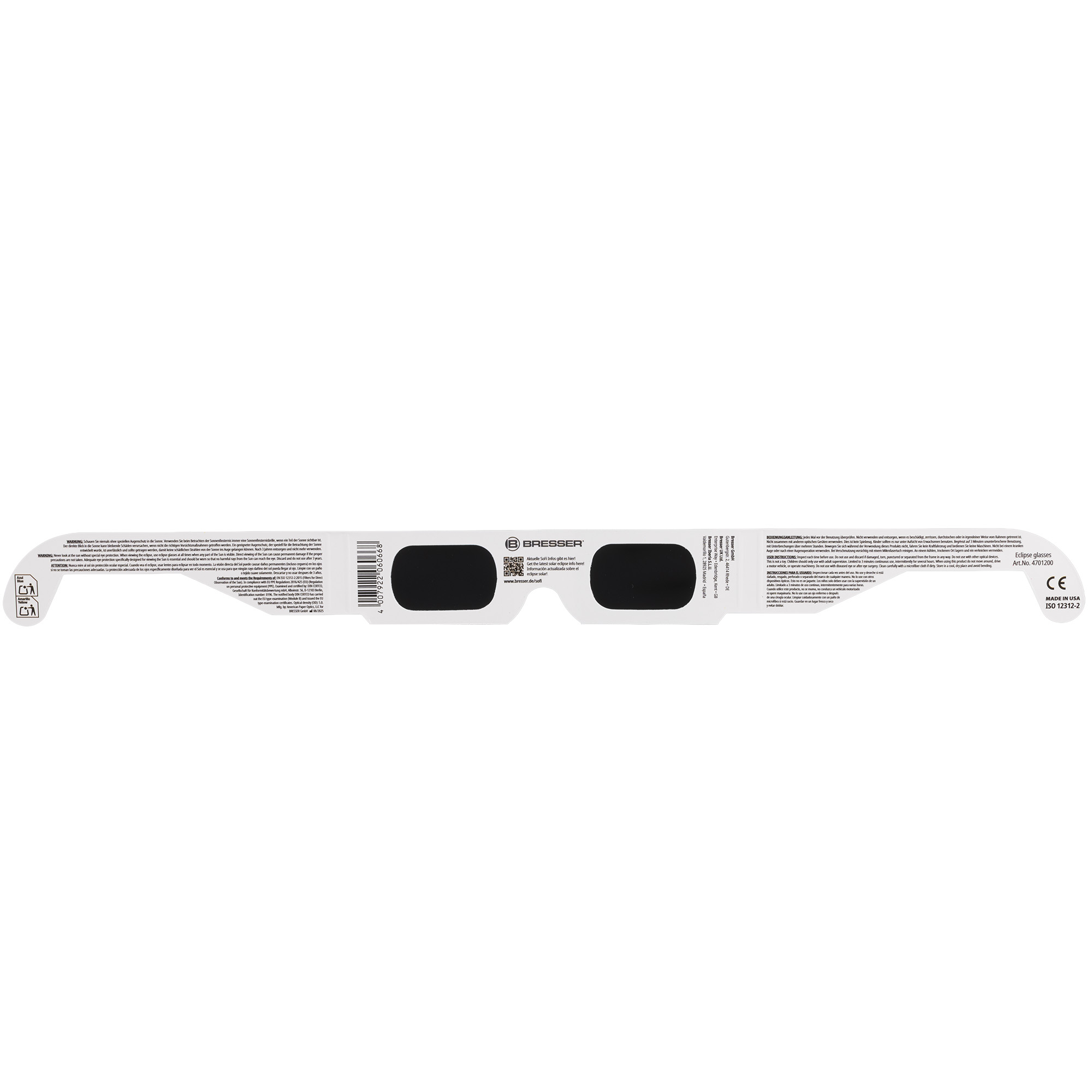 Gafas de eclipse Bresser con lentes negras, instrucciones y marca CE.