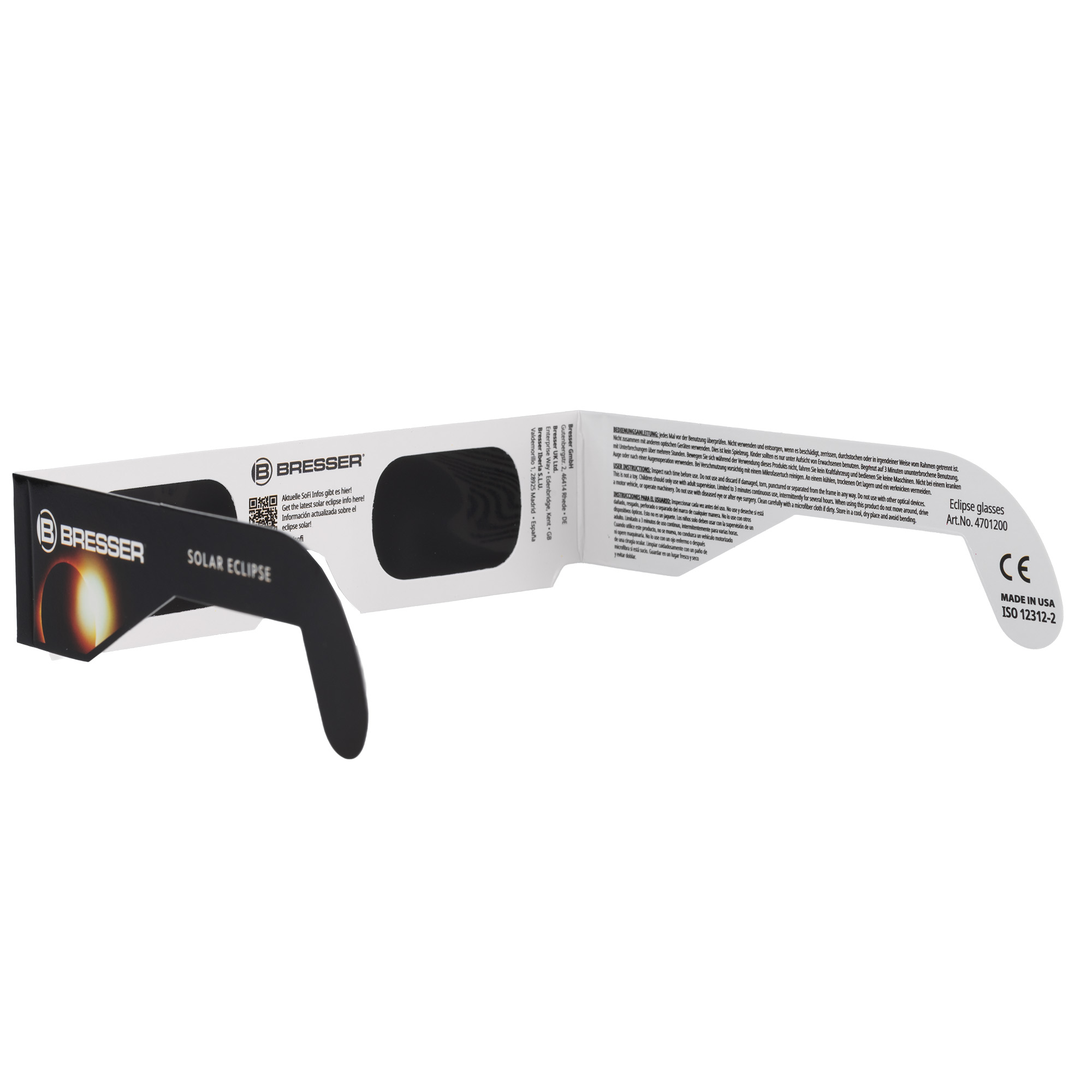 Gafas Bresser para Eclipse Solar con instrucciones y marca CE. Hechas en EE. UU.