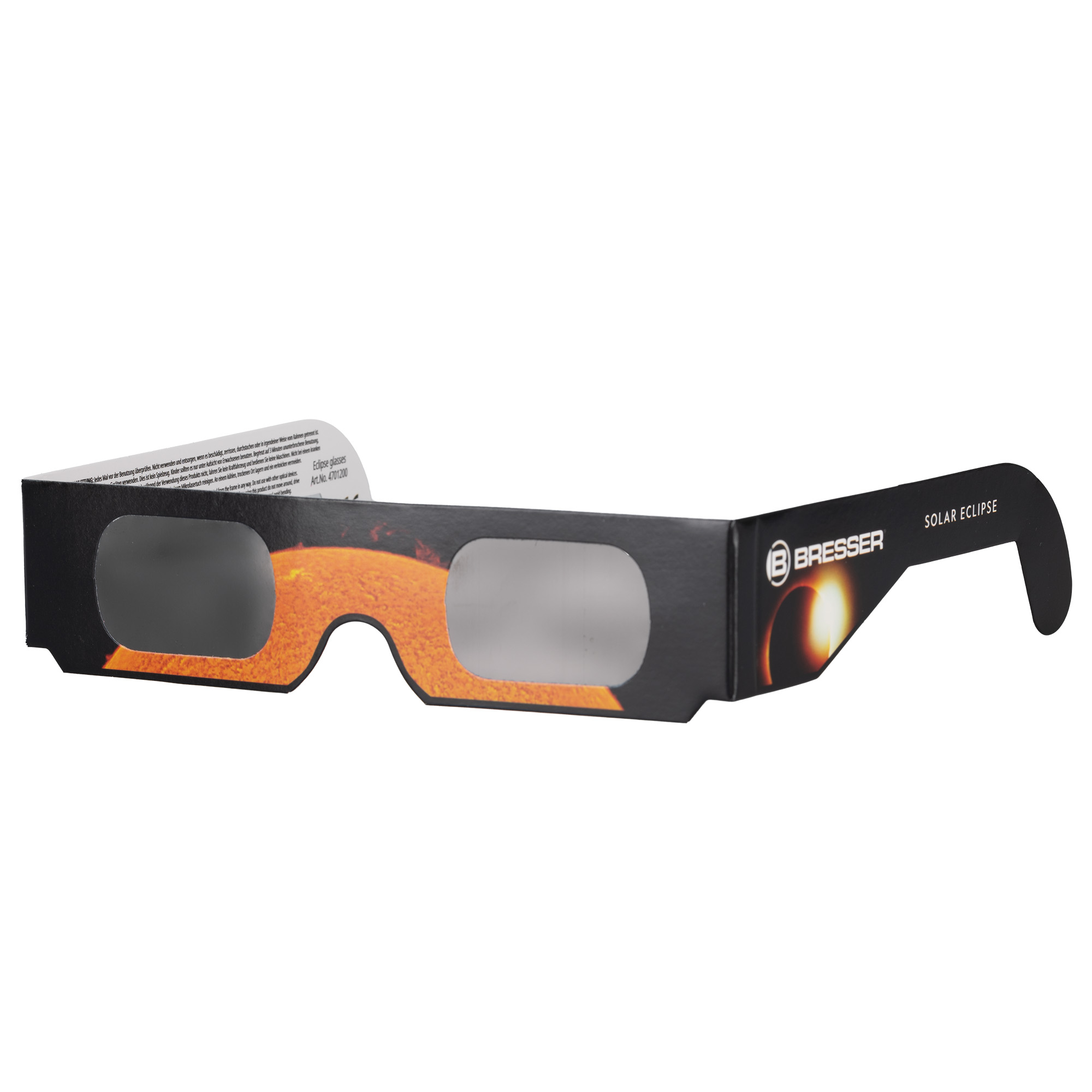 Gafas para eclipse solar con estampado de sol y logo Bresser.