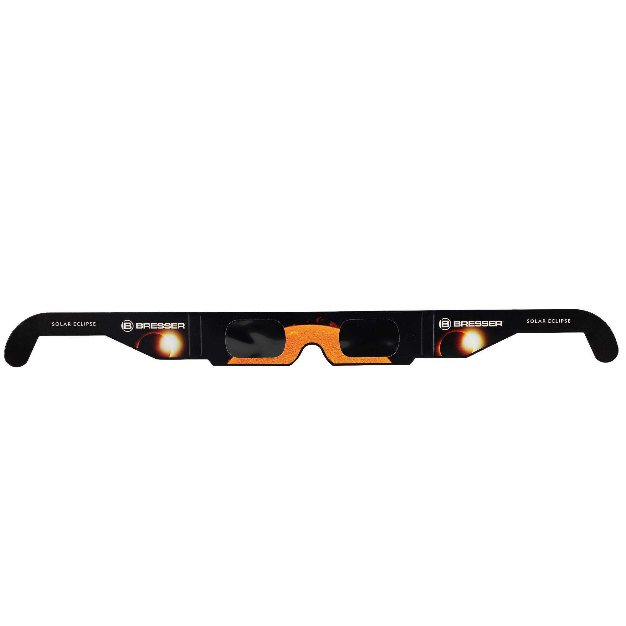Gafas negras para eclipse con logo Bresser y motivo solar. Para eclipses.