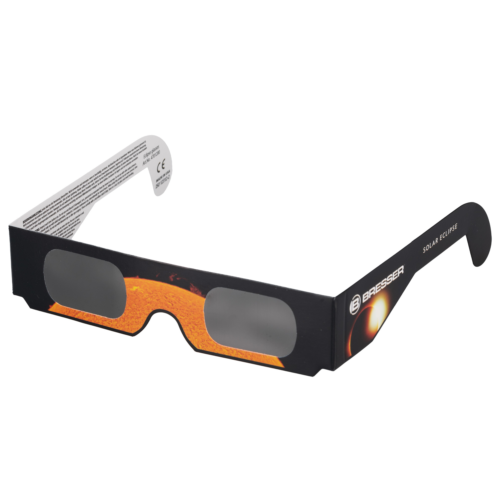 Gafas negras para eclipse con imagen del sol y logo Bresser. Para ver eclipses.