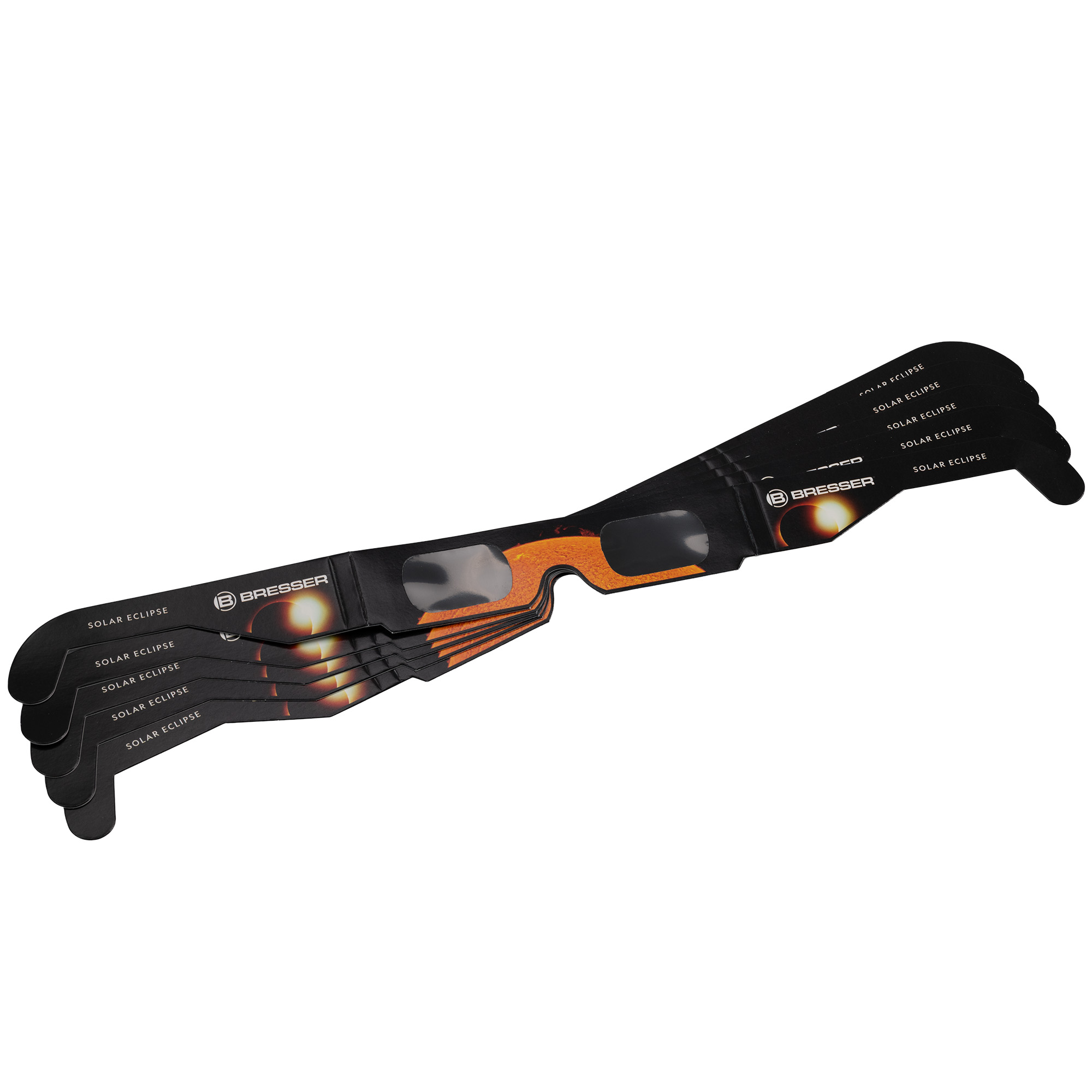 Una pila de gafas negras para eclipses solares con el logo de Bresser.