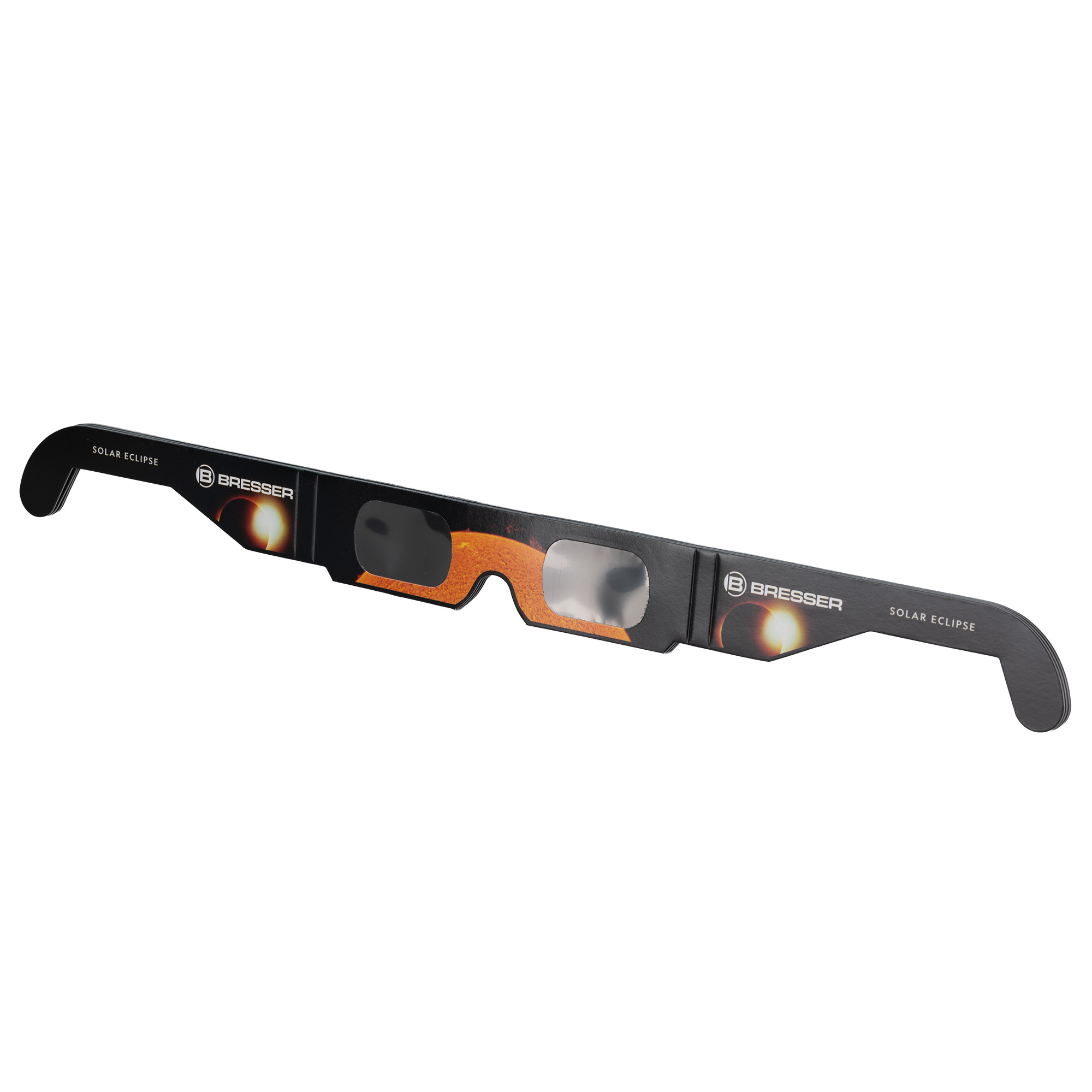 Gafas negras para eclipse solar con gráfico de sol naranja y logo Bresser.