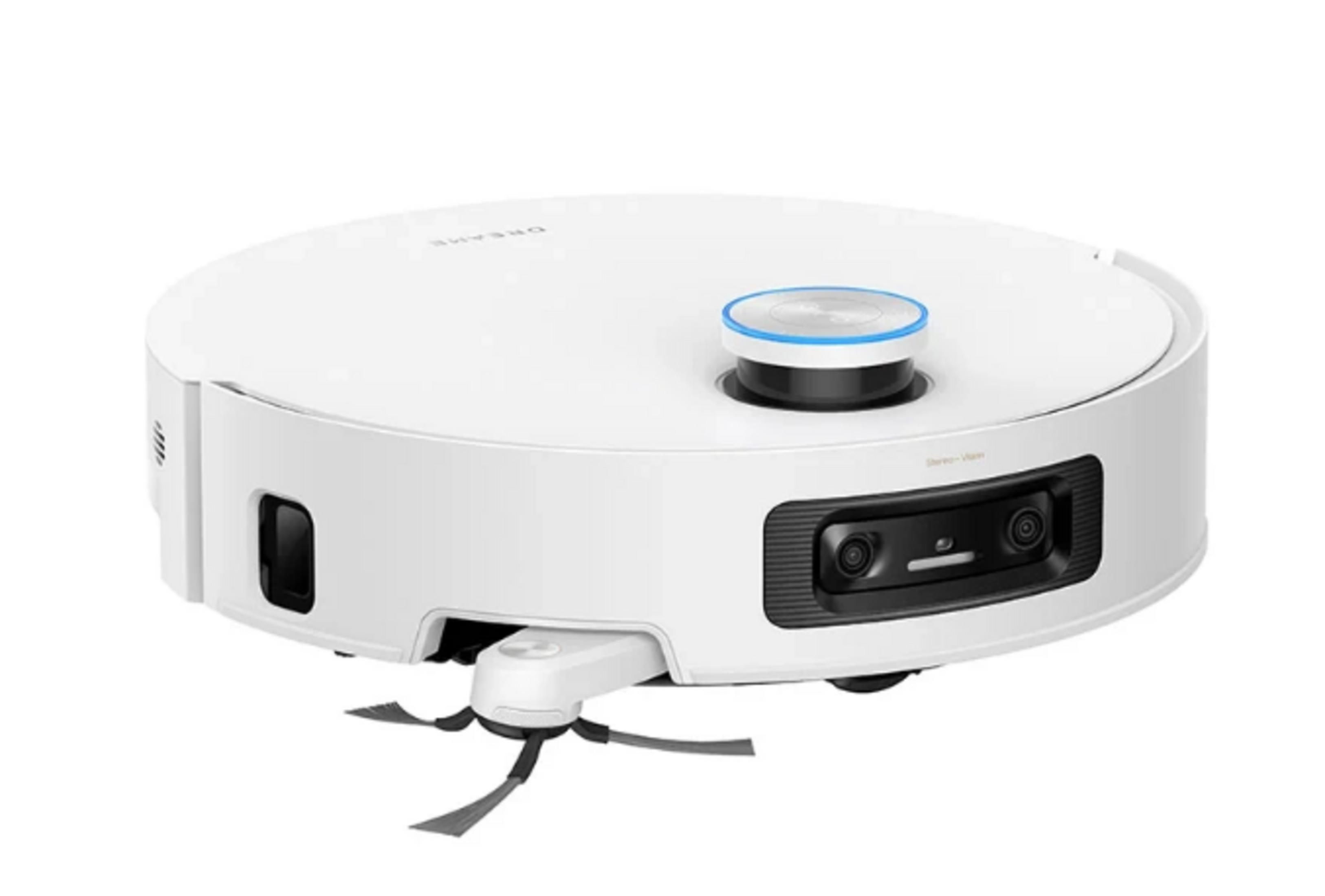 Biały robot sprzątający z niebieskimi akcentami i kamerami.