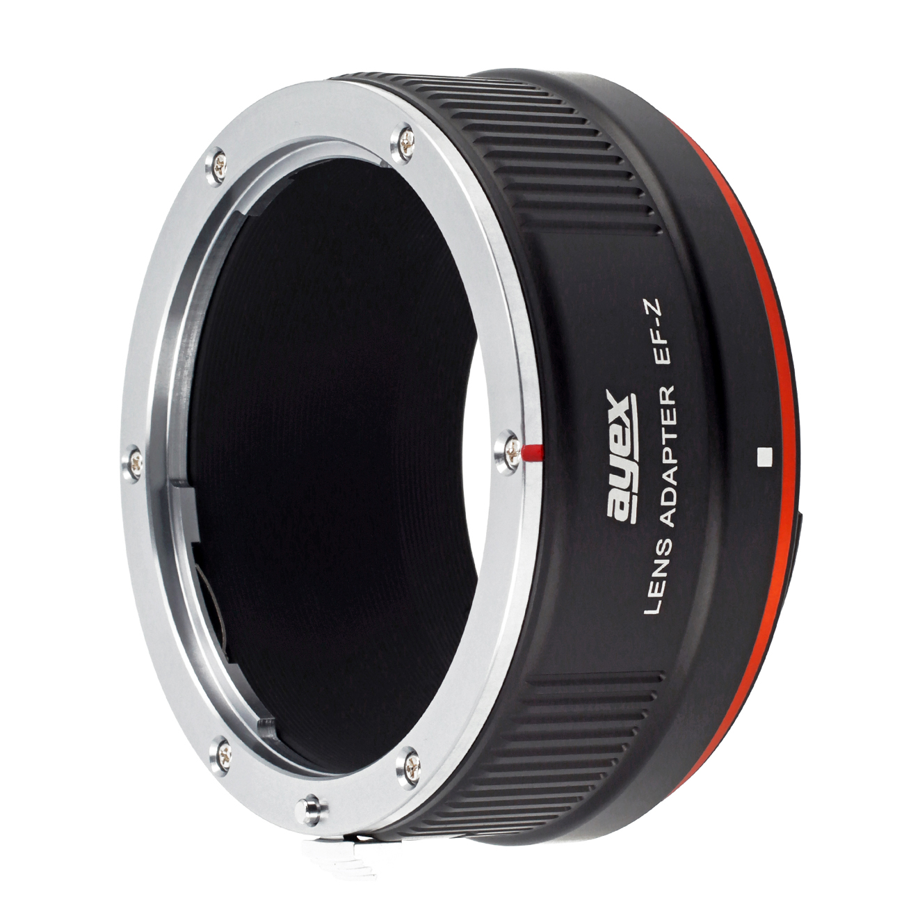 Ein schwarzer Objektivadapter mit silbernem Rand und roter Markierung, beschriftet mit 'ayex LENS ADAPTER EF-Z'.