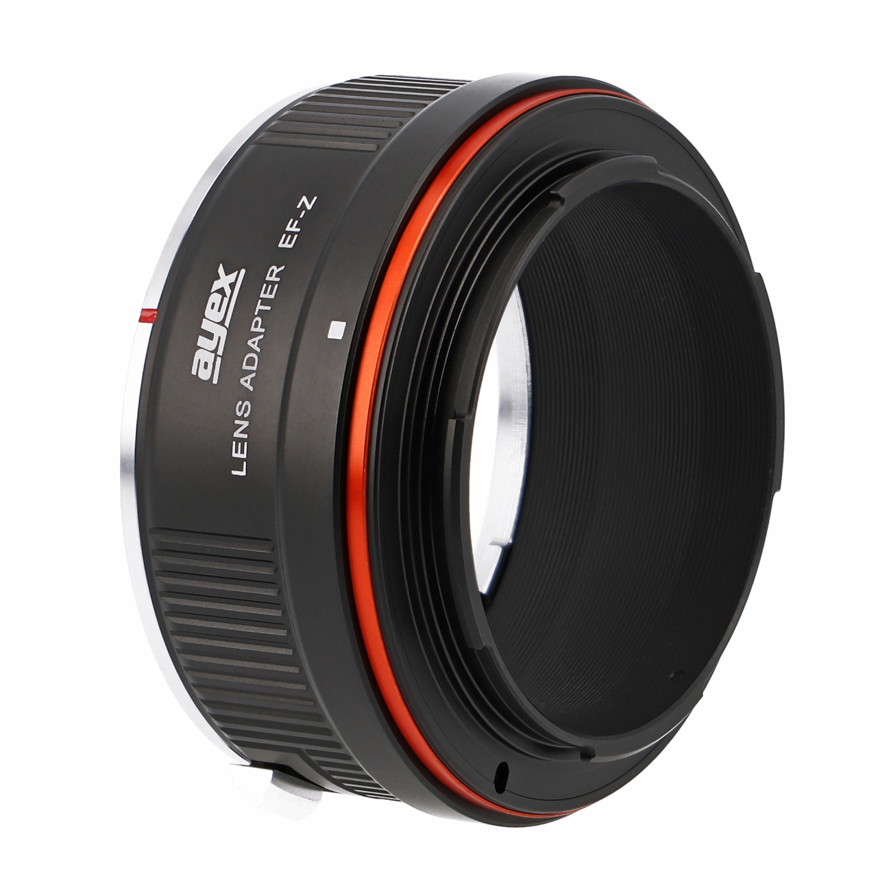 Schwarzer Objektivadapter mit rotem Ring und 'ayex LENS ADAPTER EF-Z'-Aufschrift.