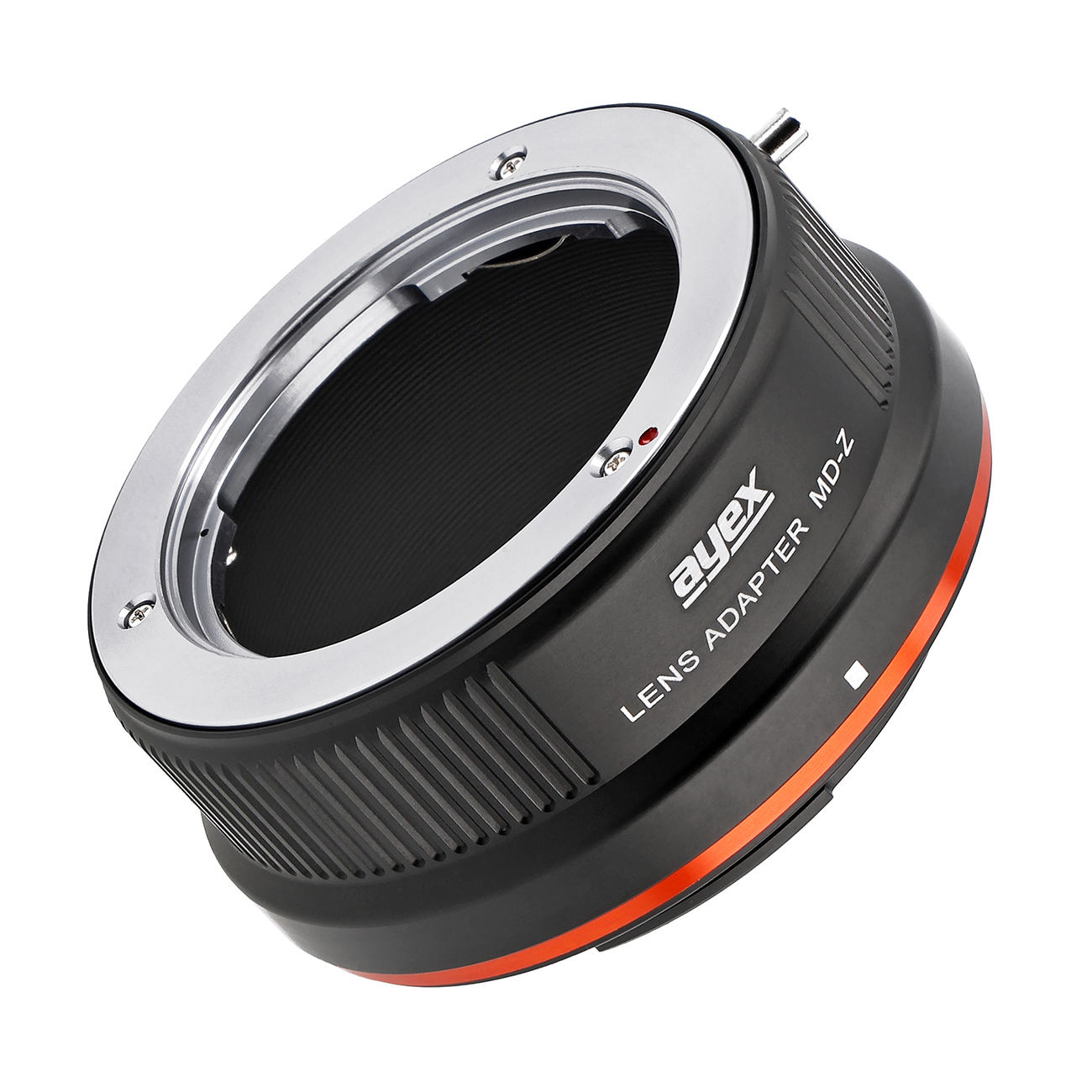 Ein schwarzer Objektivadapter mit silbernem Ring, beschriftet mit „ayex LENS ADAPTER MD-Z“.