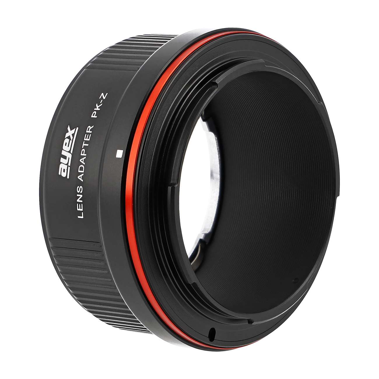 Ein schwarzer Objektivadapter mit rotem Ring und der Aufschrift 'ayex LENS ADAPTER PK-Z'.